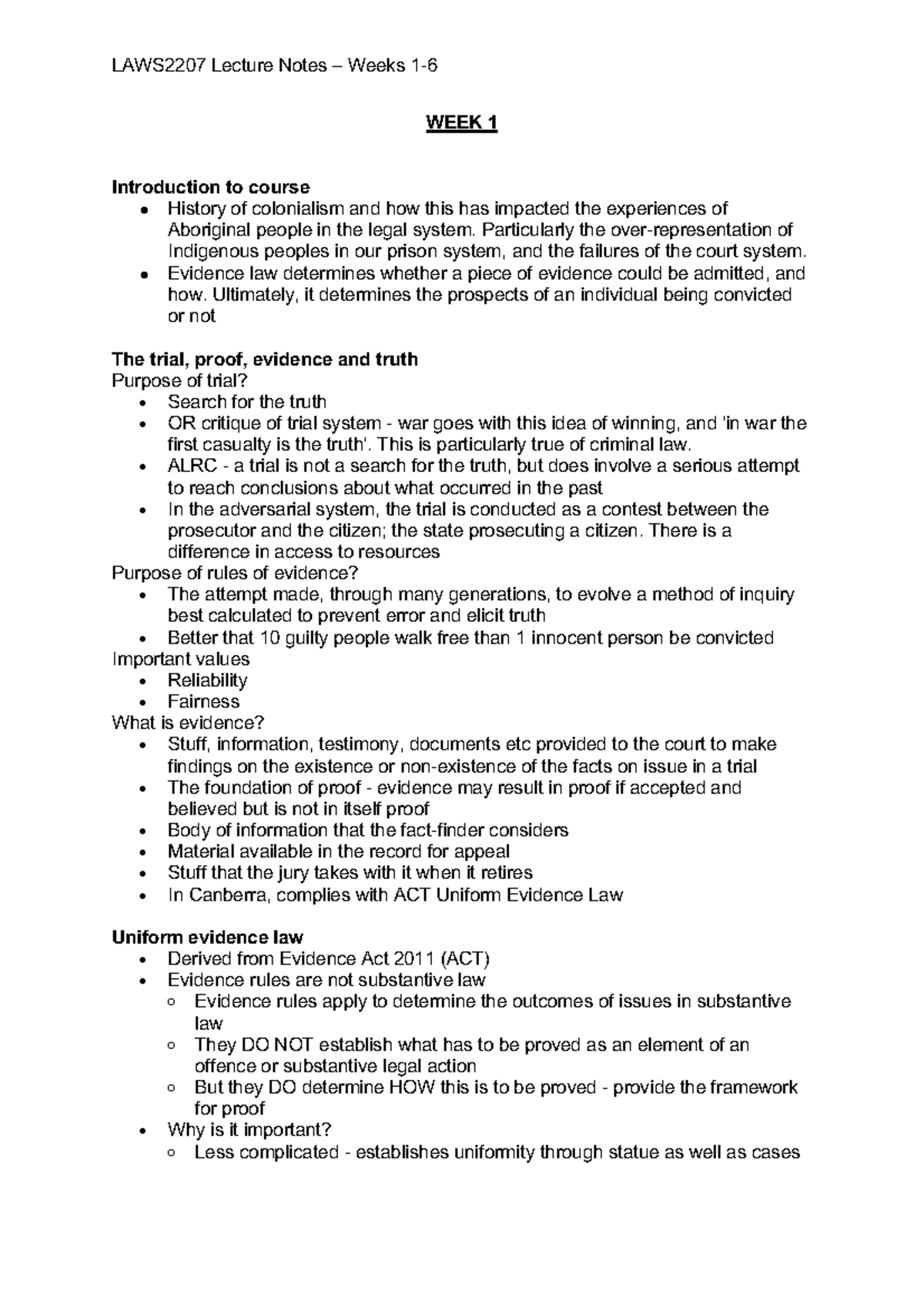 LAWS2207 Lecture Notes W1-6 - WEEK 1 Introduction to course - History ...