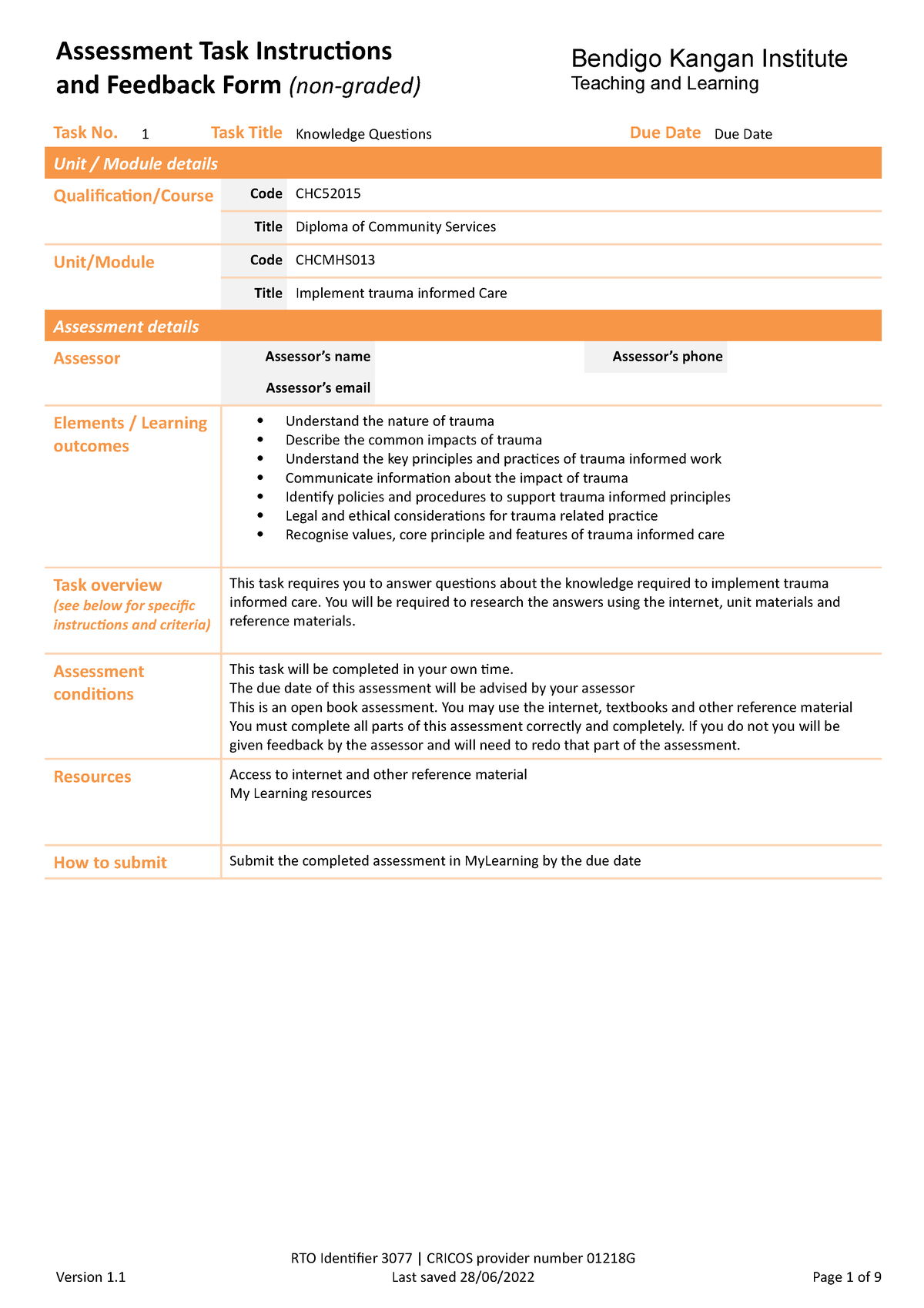 Diploma Community Services - and Feedback Form (non-graded) Bendigo ...