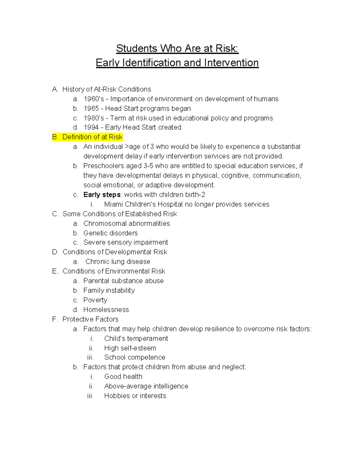 Students Who Are at Risk - History of Conditions a. Importance of ...