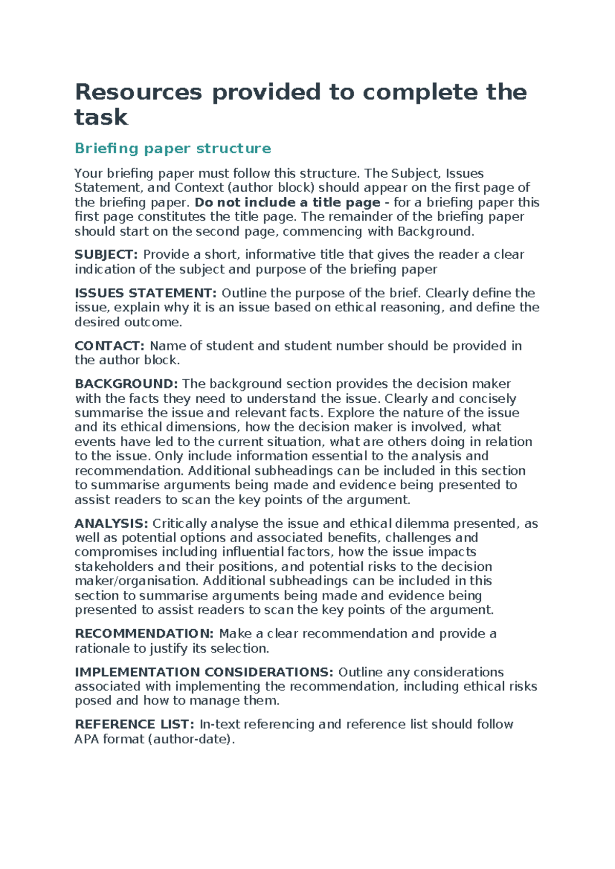 Resources provided to complete A1 - Resources provided to complete the ...