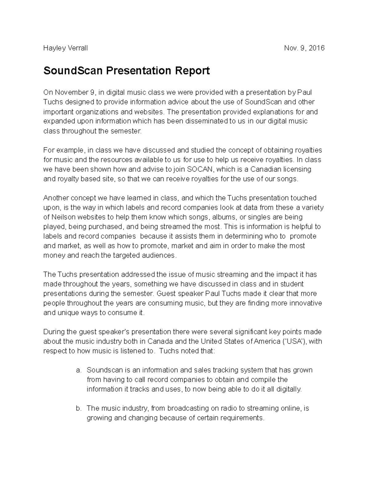Soundscan Presentation Report - Hayley Verrall Nov. 9, 2016 SoundScan ...