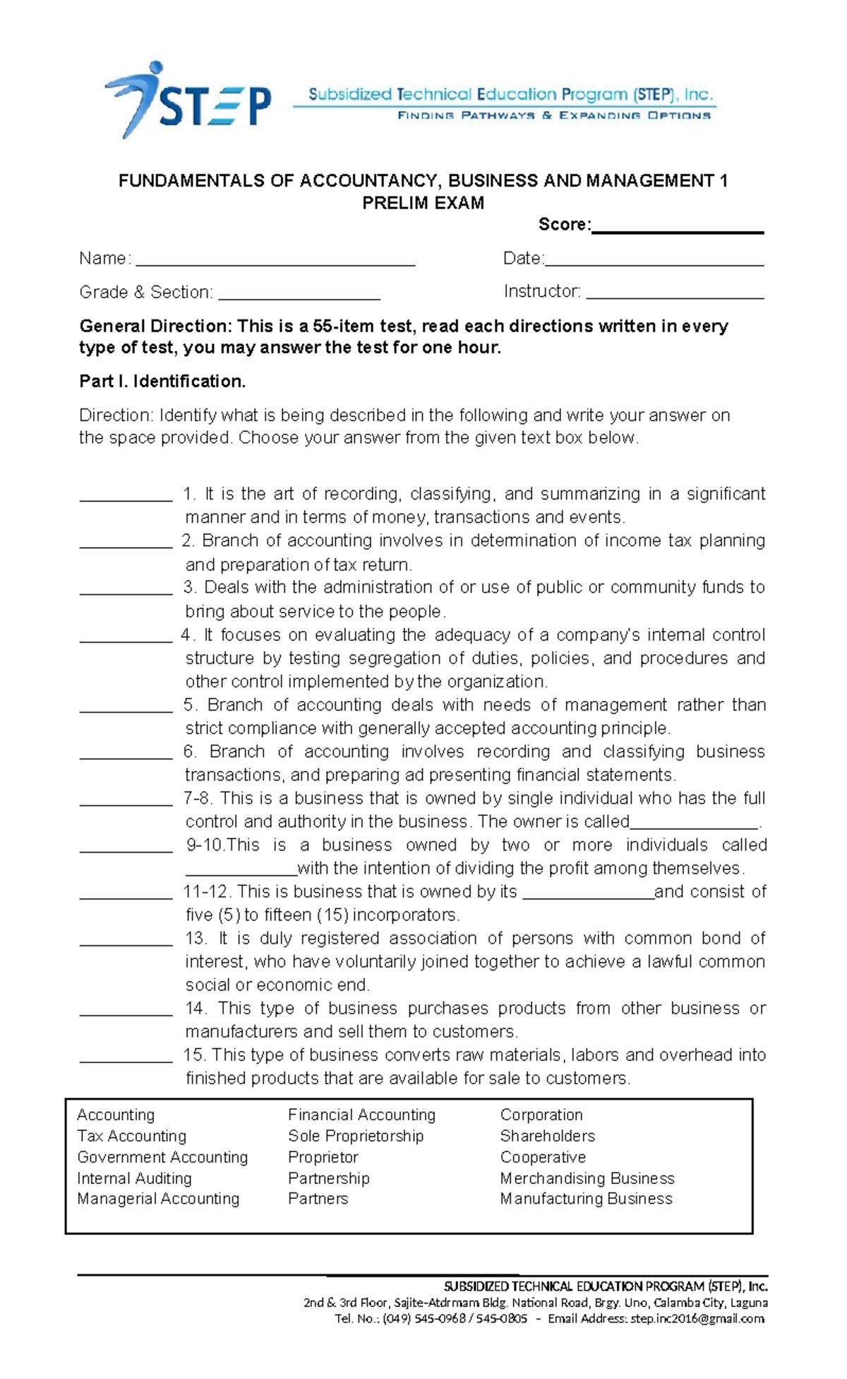 1st periodical exam FABM - SUBSIDIZED TECHNICAL EDUCATION PROGRAM (STEP ...