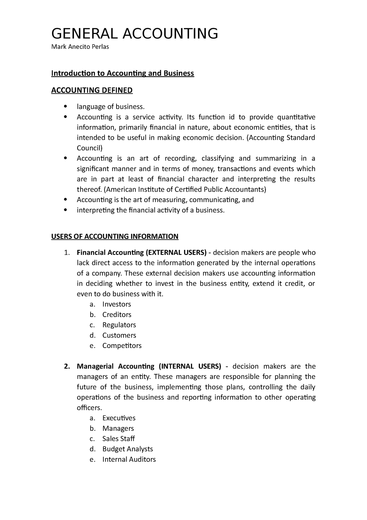 General Accounting - Notes - Mark Anecito Perlas Introduction To 