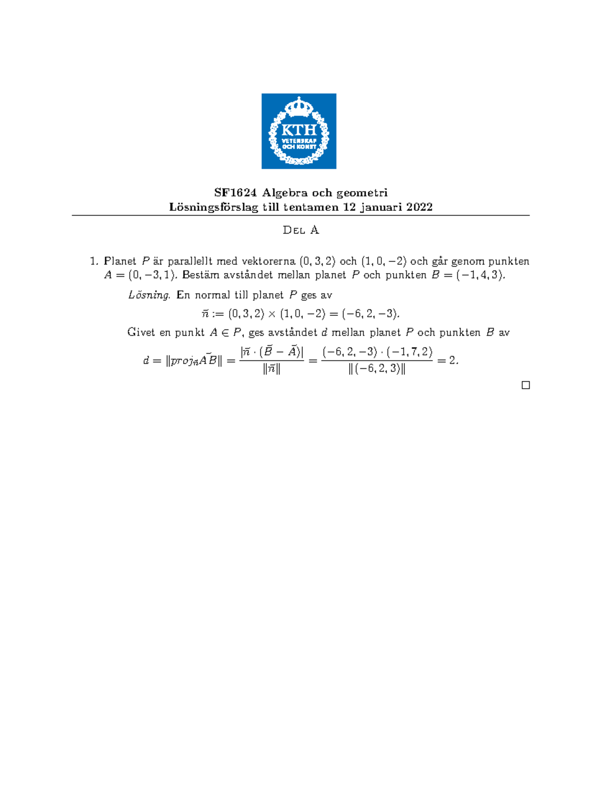 SF1624 12012 2 Losningar - SF1624 Algebra Och Geometri L ̈osningsf ...