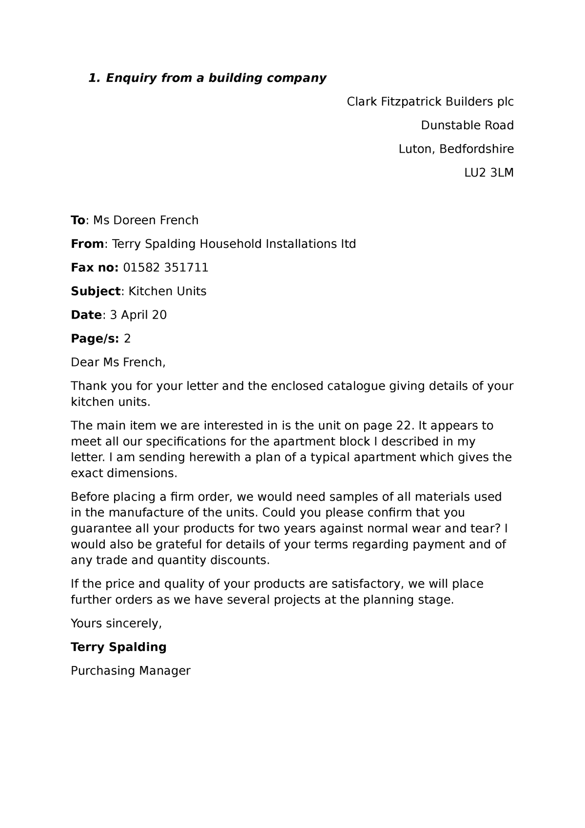 Write commercial letter - Enquiry from a building company Clark ...