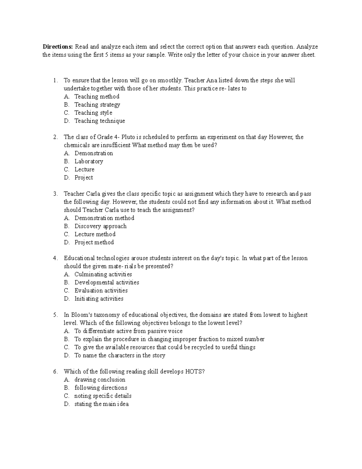 Principle of teaching Part 1 - Directions: Read and analyze each item ...