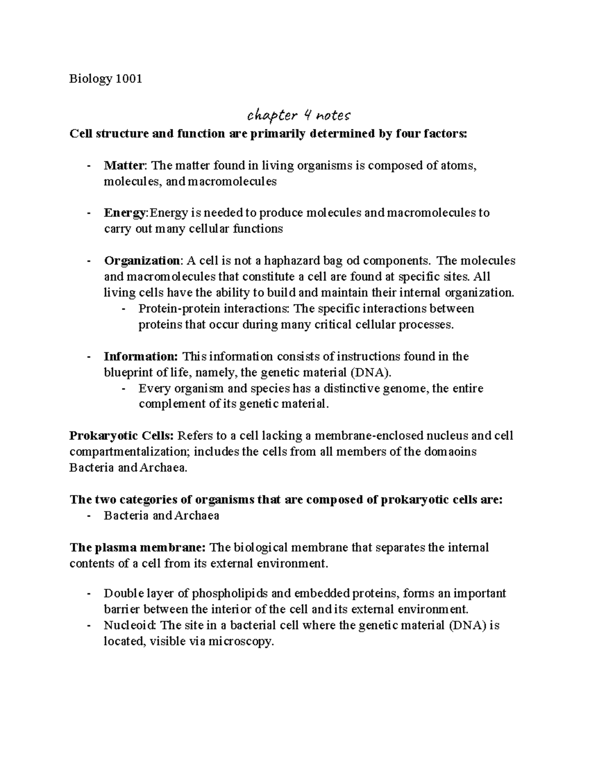 Bio Ch 4 Notes And Pq - Biology 1001 Cat 4 No Cell Structure And 