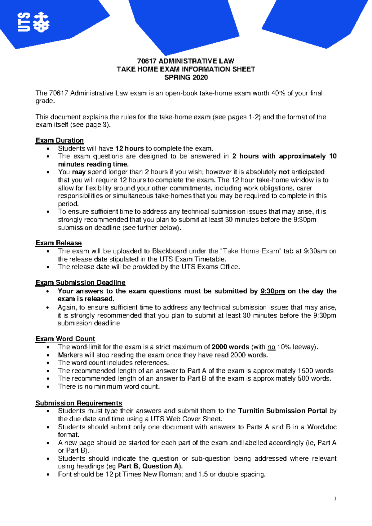 Administrative Law - Spring 2020 Take home exam information sheet ...