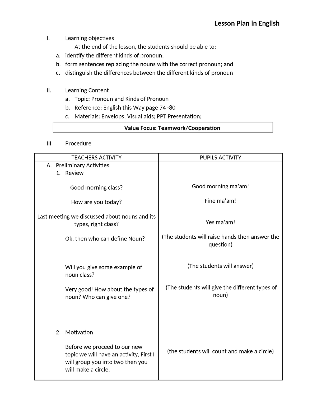 Lesson Plan in English I - Learning objectives At the end of the lesson ...