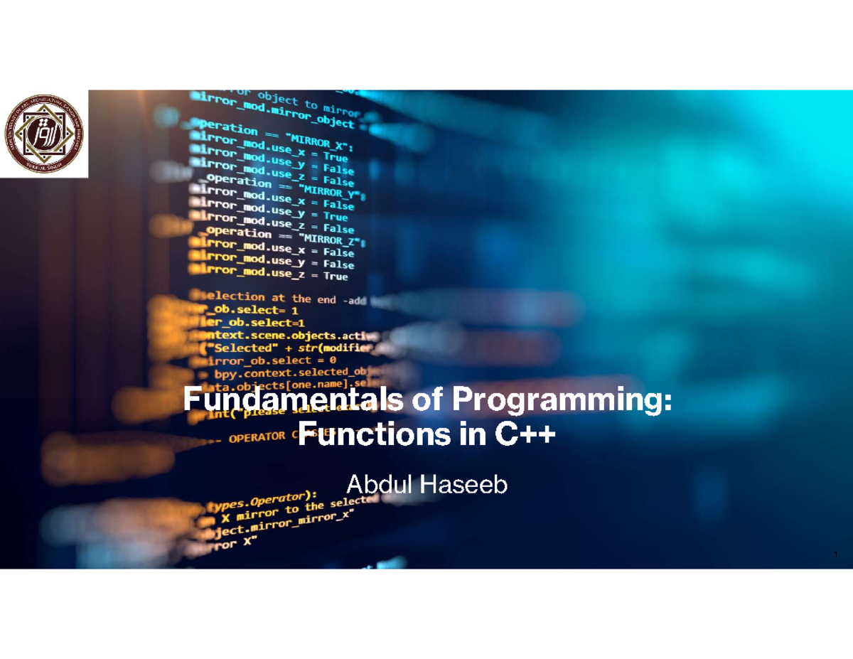 Lec 24 - Fundamentals of Programming: Functions in C++ Abdul Haseeb 1 ...