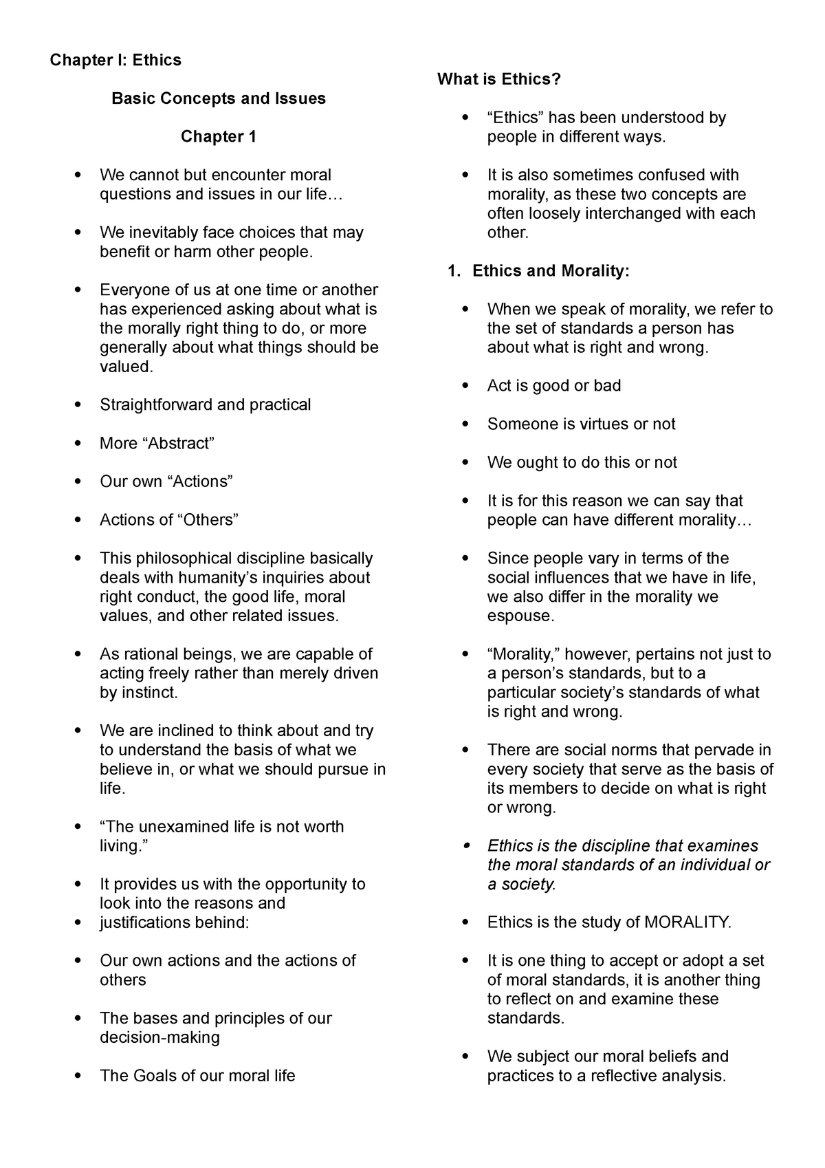 Chapter I Ethics - Lecture Notes 1 - Chapter I: Ethics Basic Concepts ...