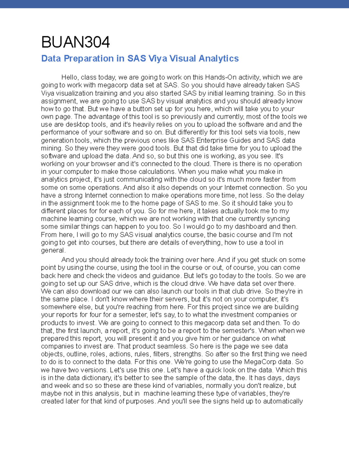 BUAN304 Data Preparation in SAS Viya Visual Analytics - Studocu
