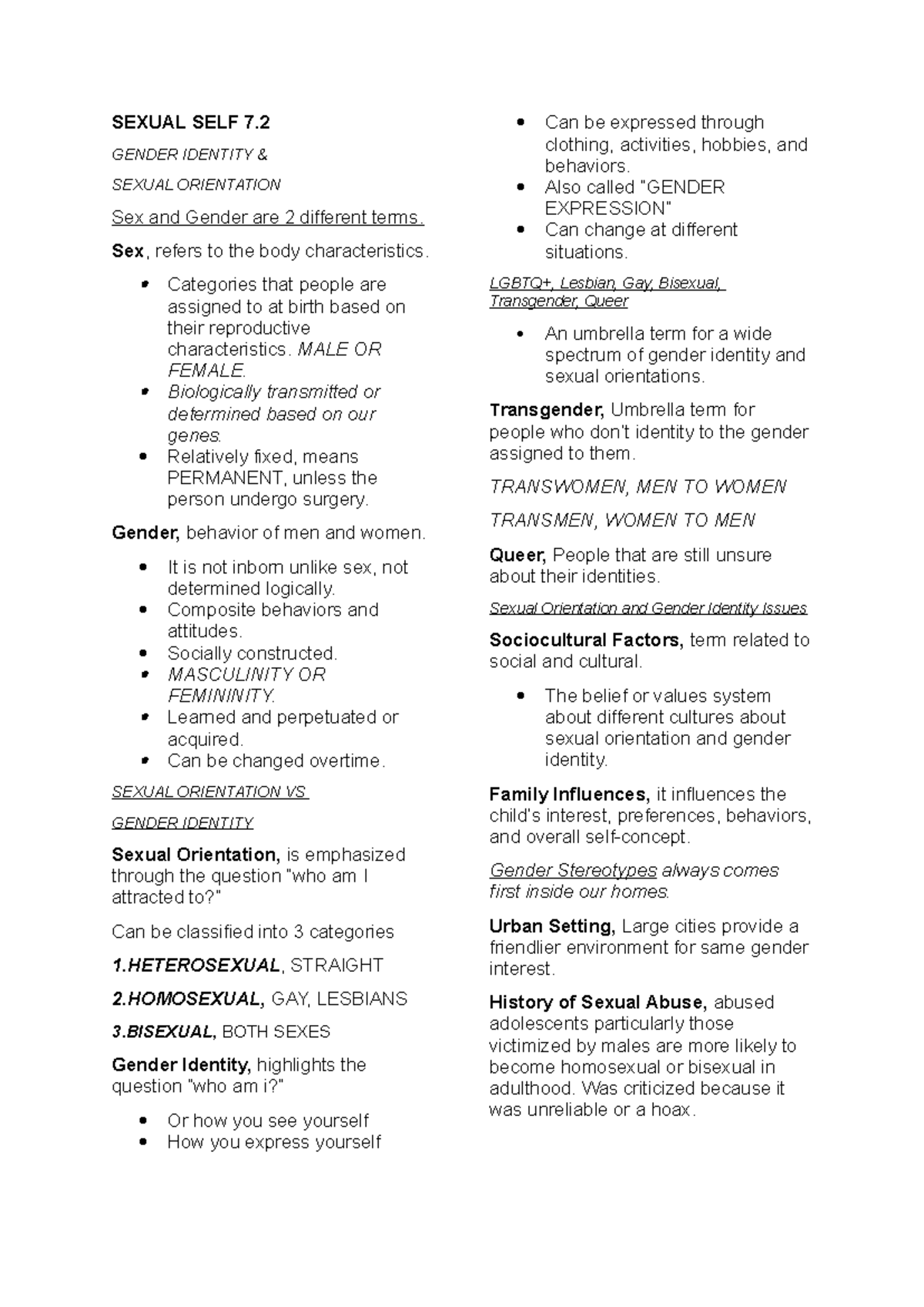 Sexual SELF 7 - notes - SEXUAL SELF 7. GENDER IDENTITY & SEXUAL ...