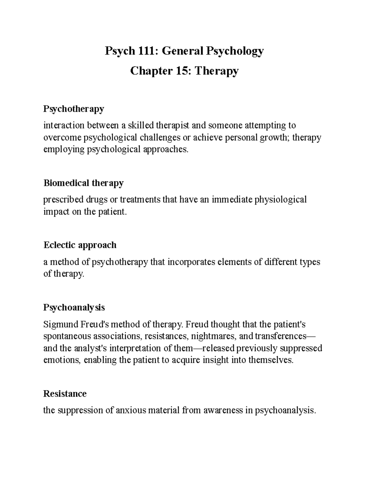 Psych 111 Ch15 - Psych 111: General Psychology Chapter 15: Therapy ...