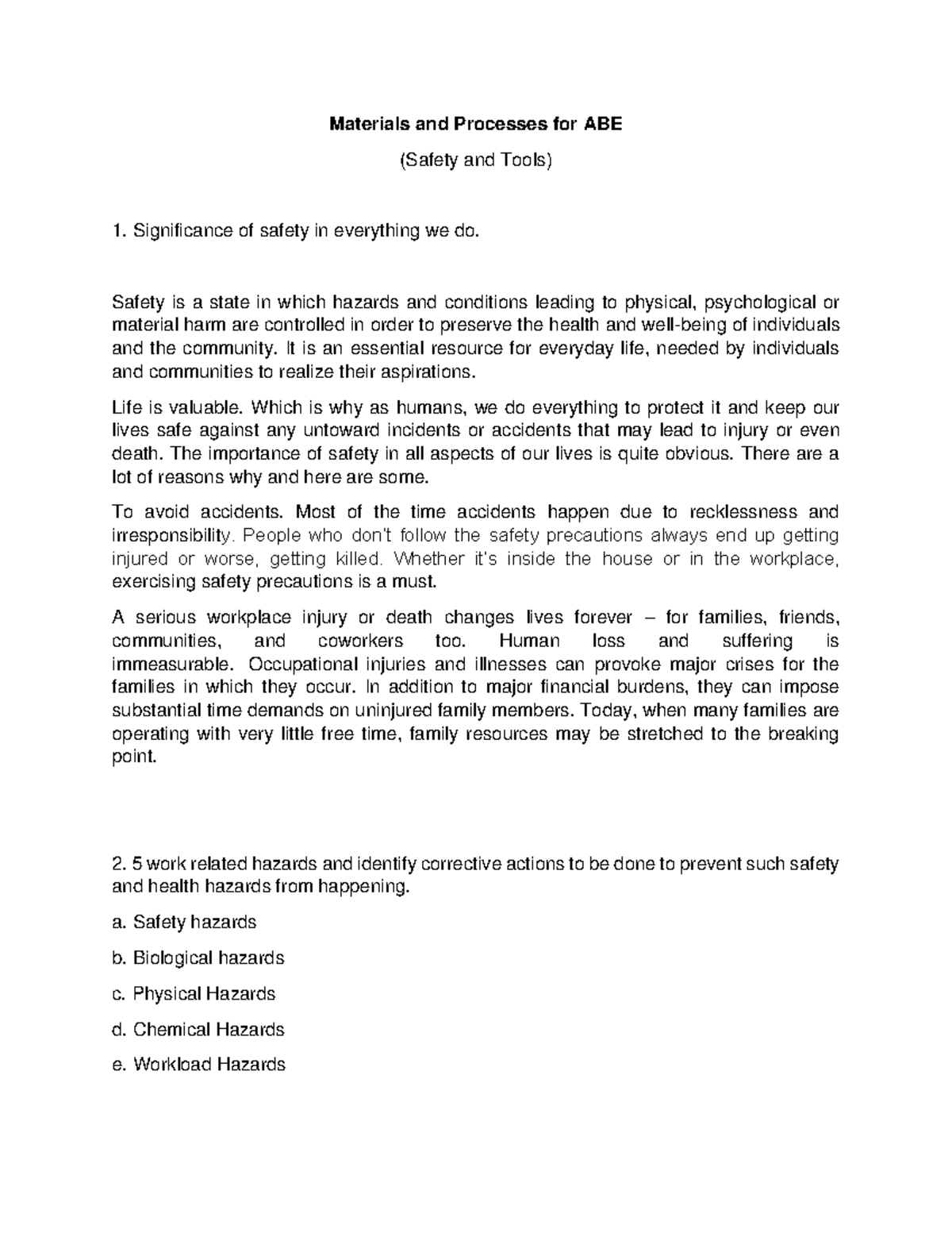 Materials and Processes for ABE (Safety and Tools) 011635 Materials