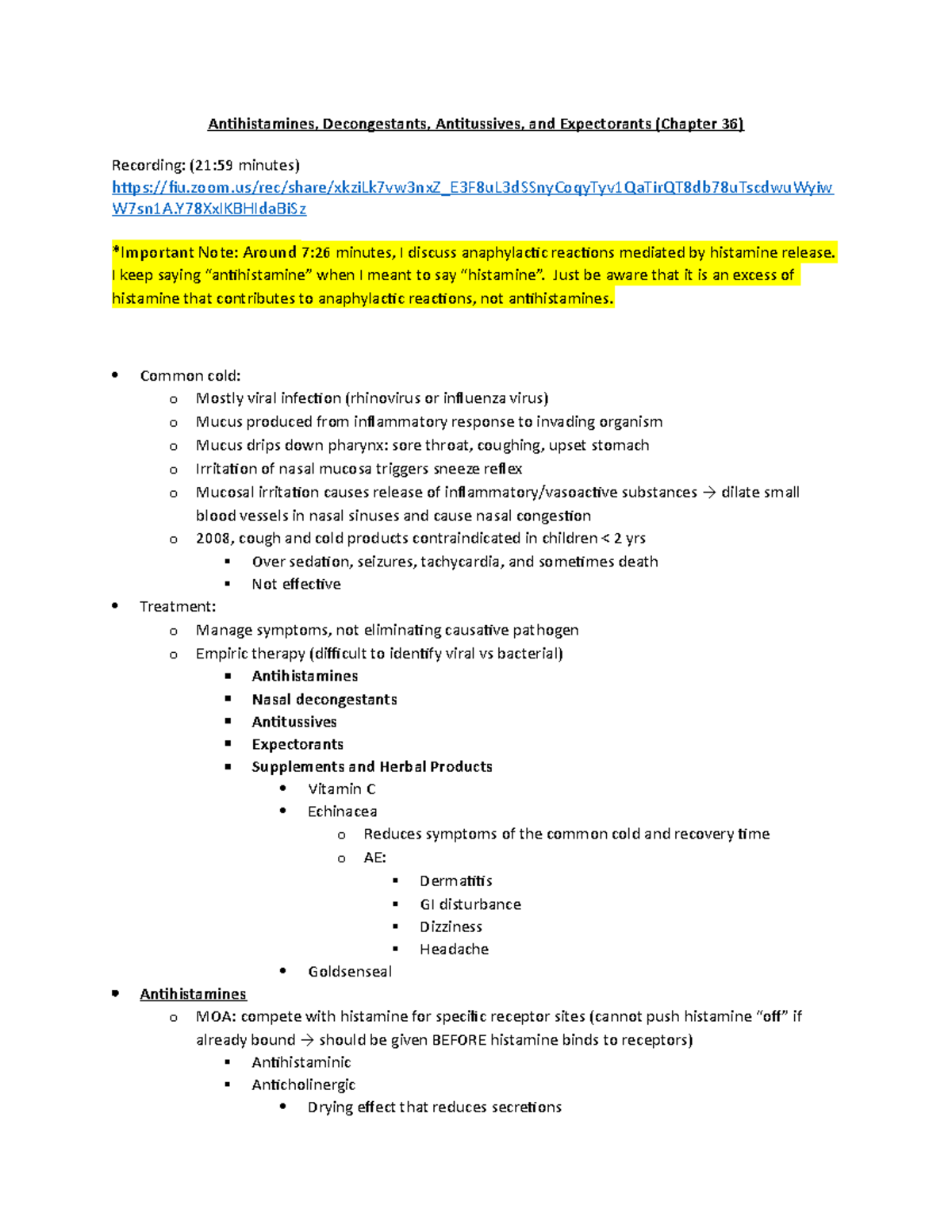 Chapter 36 Medications For Common Cold - Antihistamines, Decongestants ...