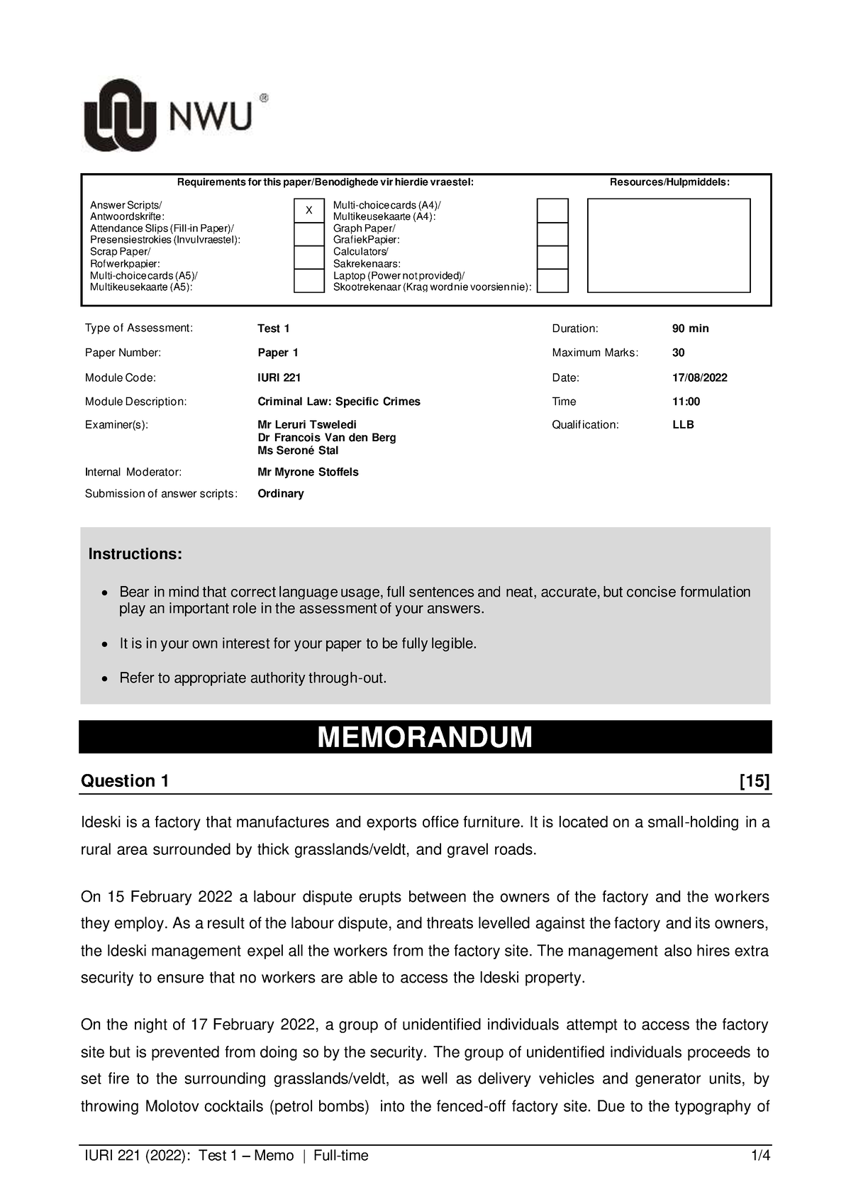 IURI 221 TEST 1 - Requirements For This Paper/Benodighede Vir Hierdie ...