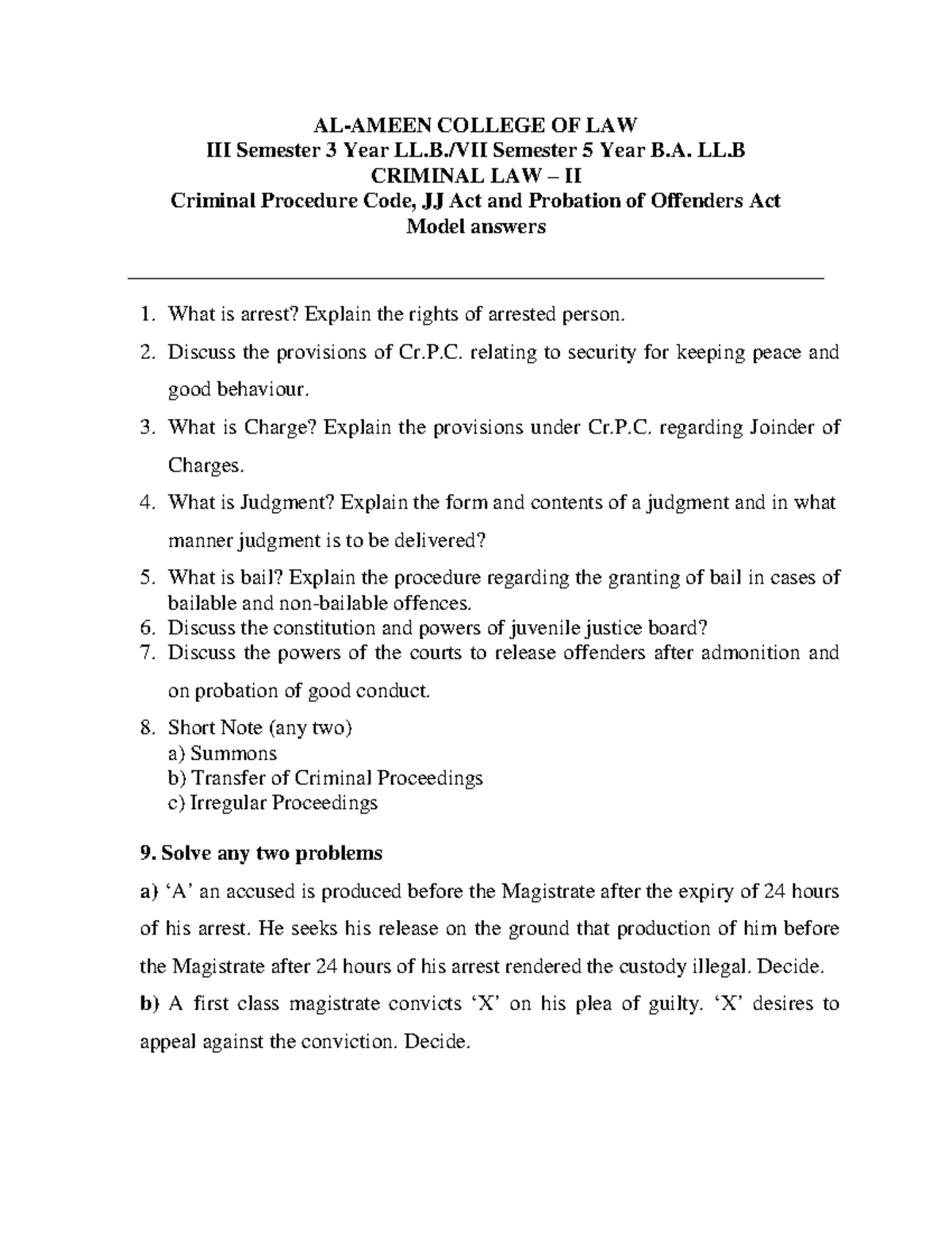 Cr - Notes - AL-AMEEN COLLEGE OF LAW III Semester 3 Year LL./VII ...