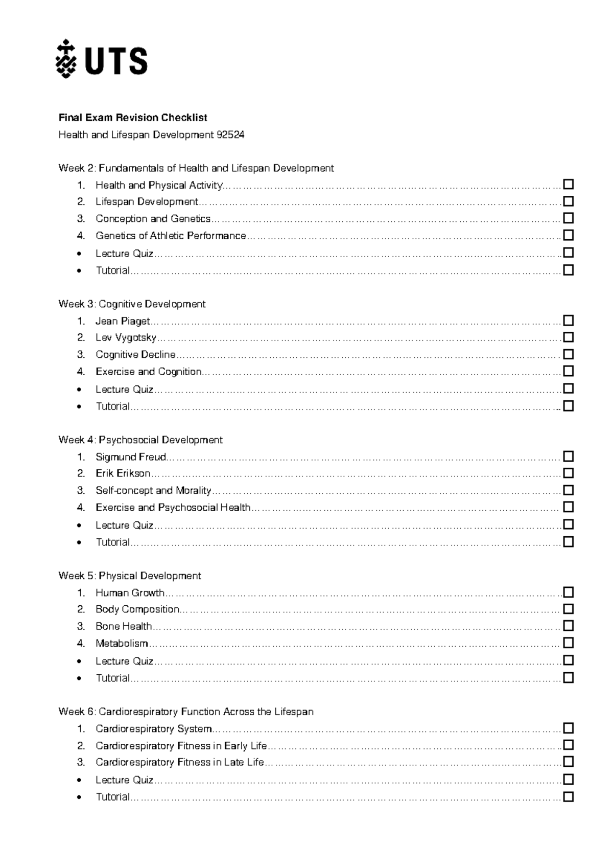 Final Exam Revision Checklist Final Exam Revision Checklist Health