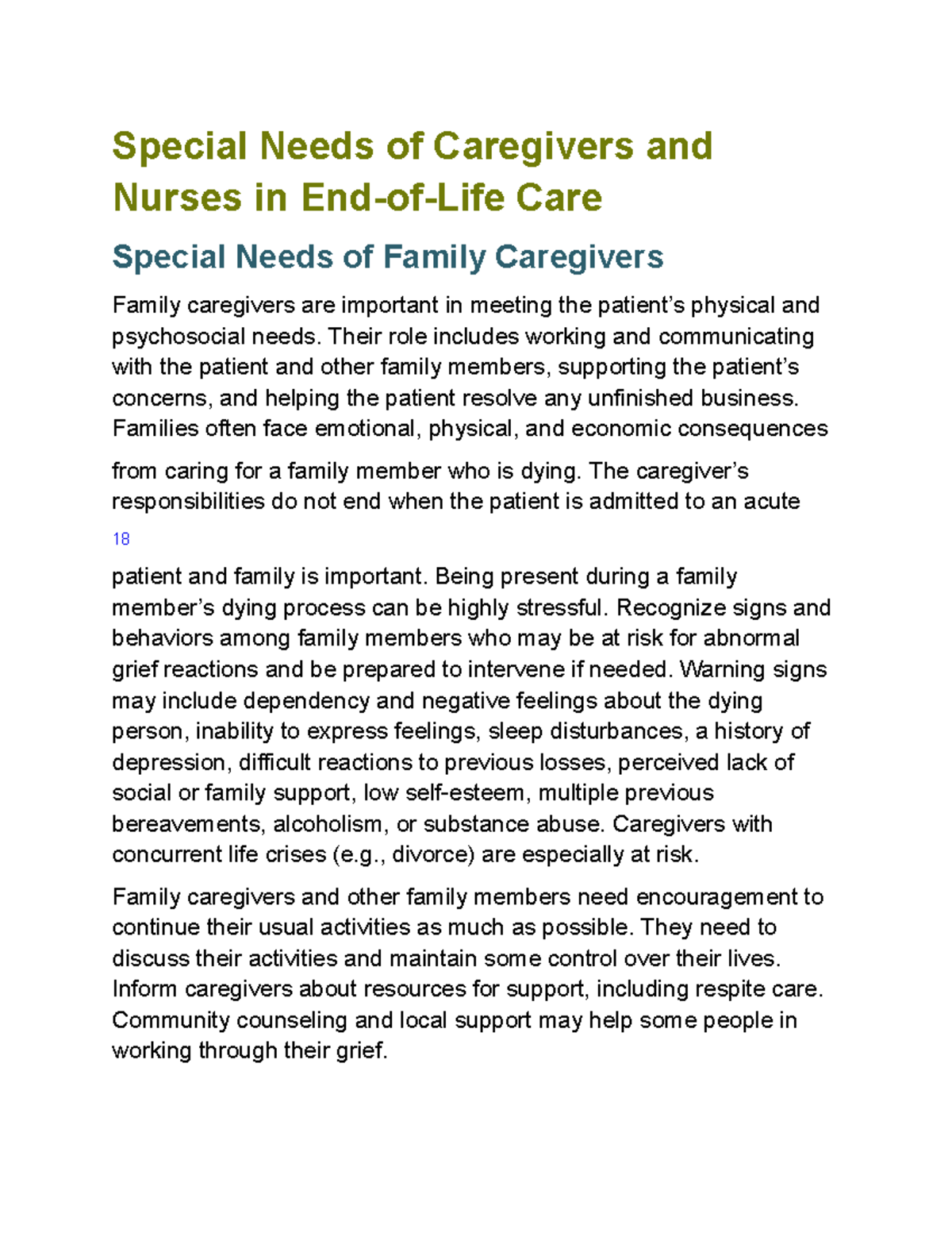 Special Needs of Caregivers and Nurses in EndofLife Care Special