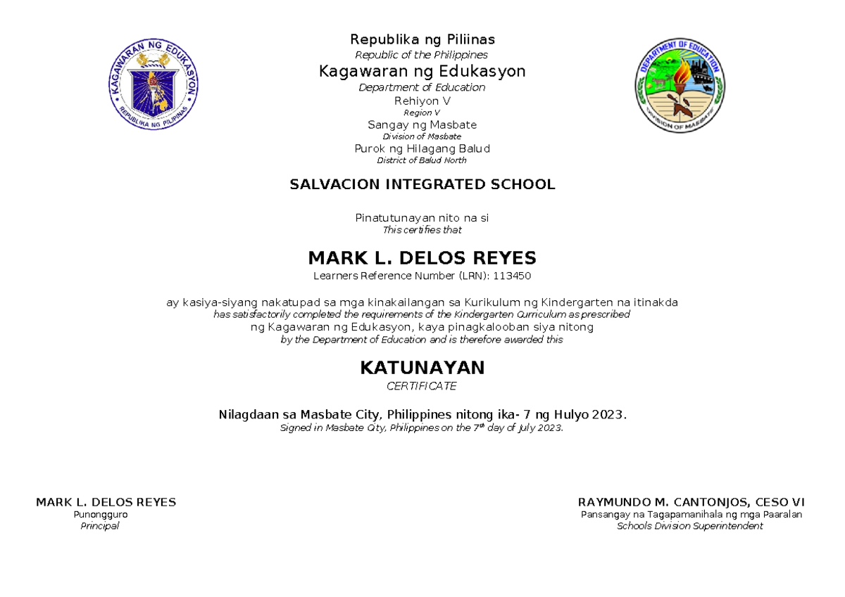 Kindergarten cerificate - Republika ng Piliinas Republic of the ...