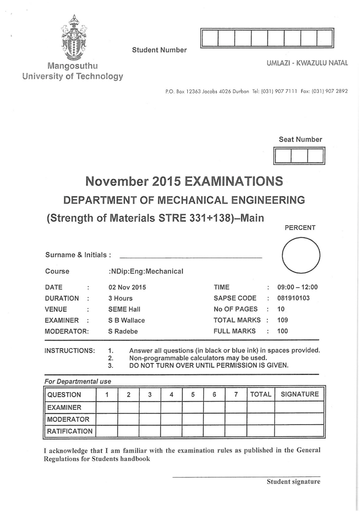 STRE318/331 - November 2015 Exam - STRE138/331 - Studocu