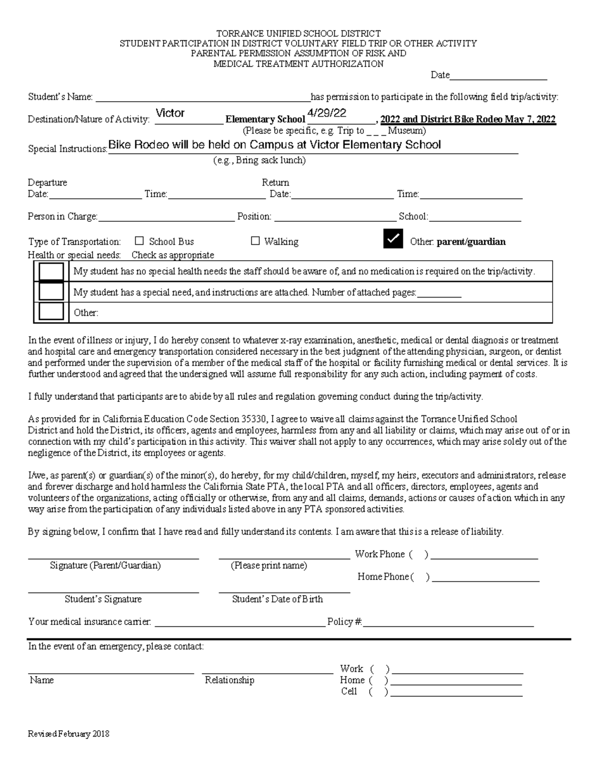 Bike Rodeo Permission Slip 2022 - Revised February 2018 TORRANCE ...