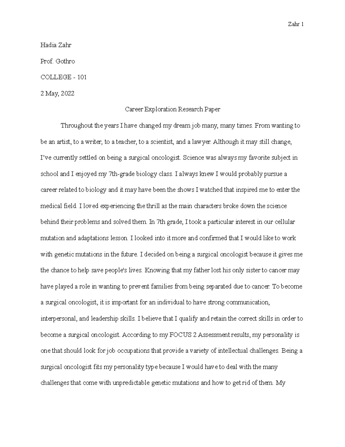 Career Exploration Research Paper - Hadia Zahr Prof. Gothro COLLEGE ...