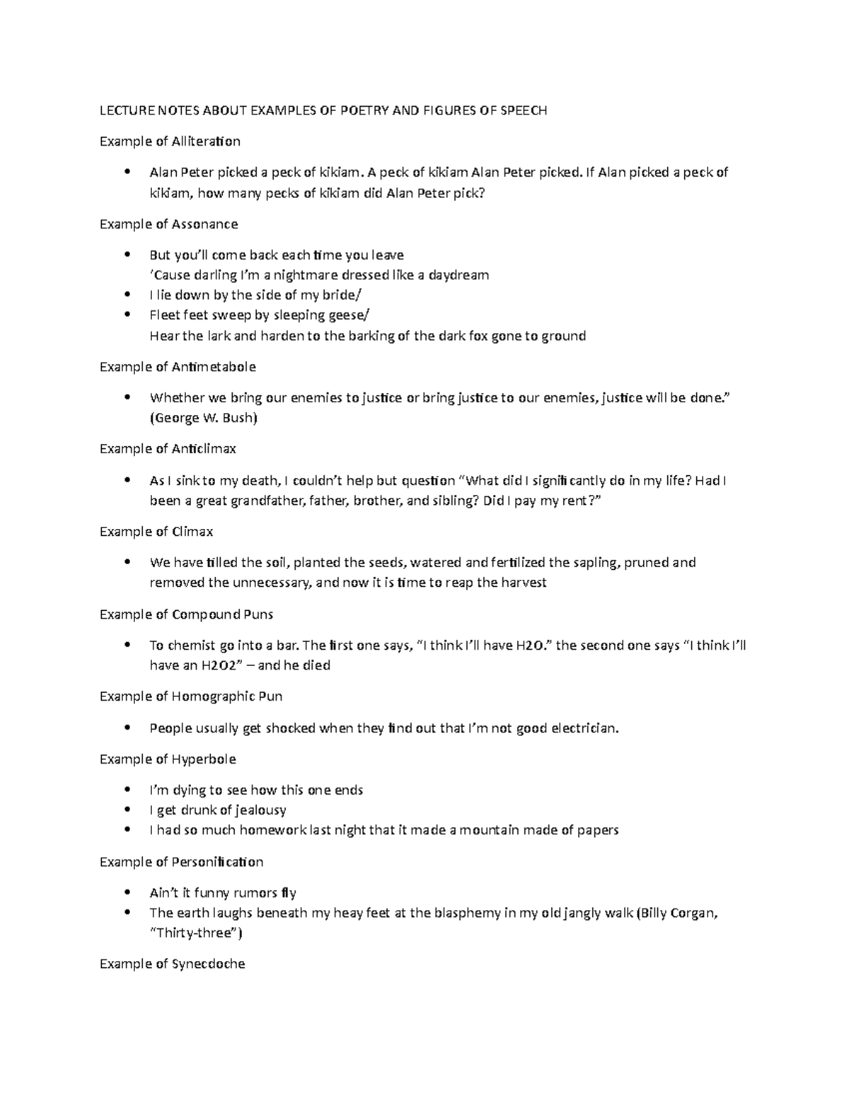 Lecture Notes About Examples OF Poetry AND Figures OF Speech LECTURE