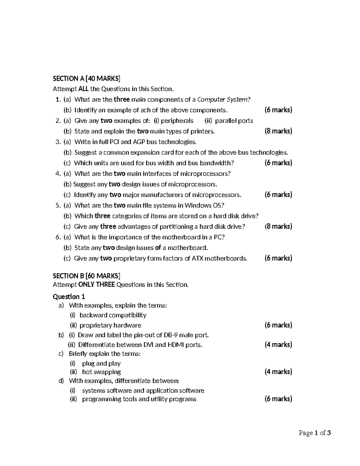 Computer Hardware - SECTION A [40 MARKS] Attempt ALL the Questions in ...