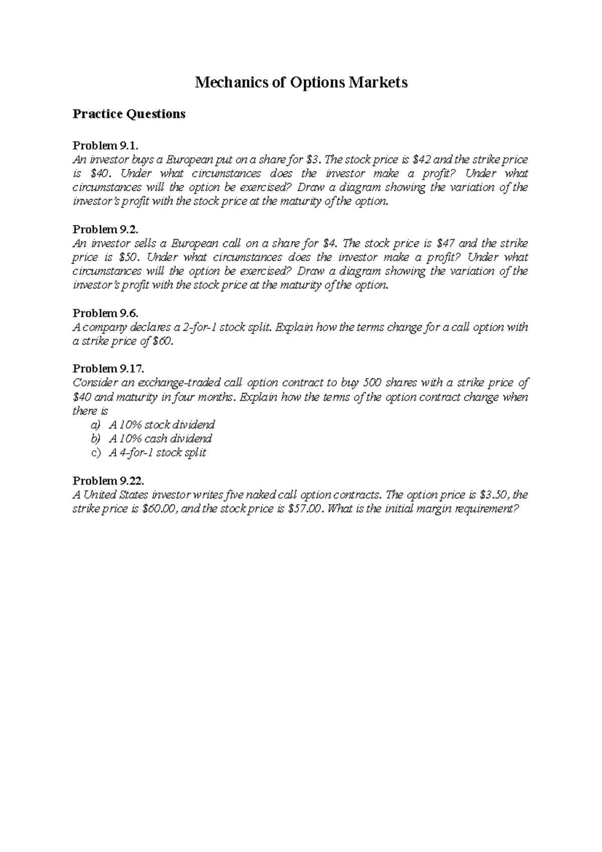 Mechanics of Options Markets - Practice Questions - Mechanics of ...