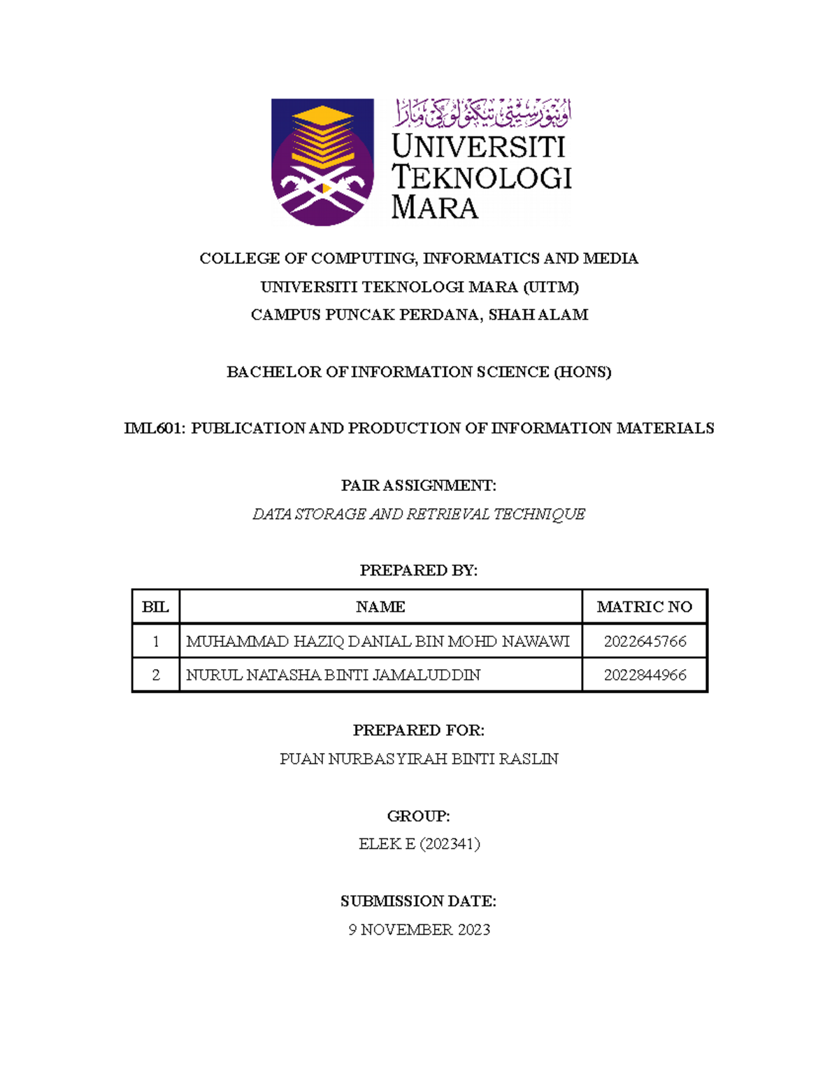 Group Assignment IML601 - COLLEGE OF COMPUTING, INFORMATICS AND MEDIA ...