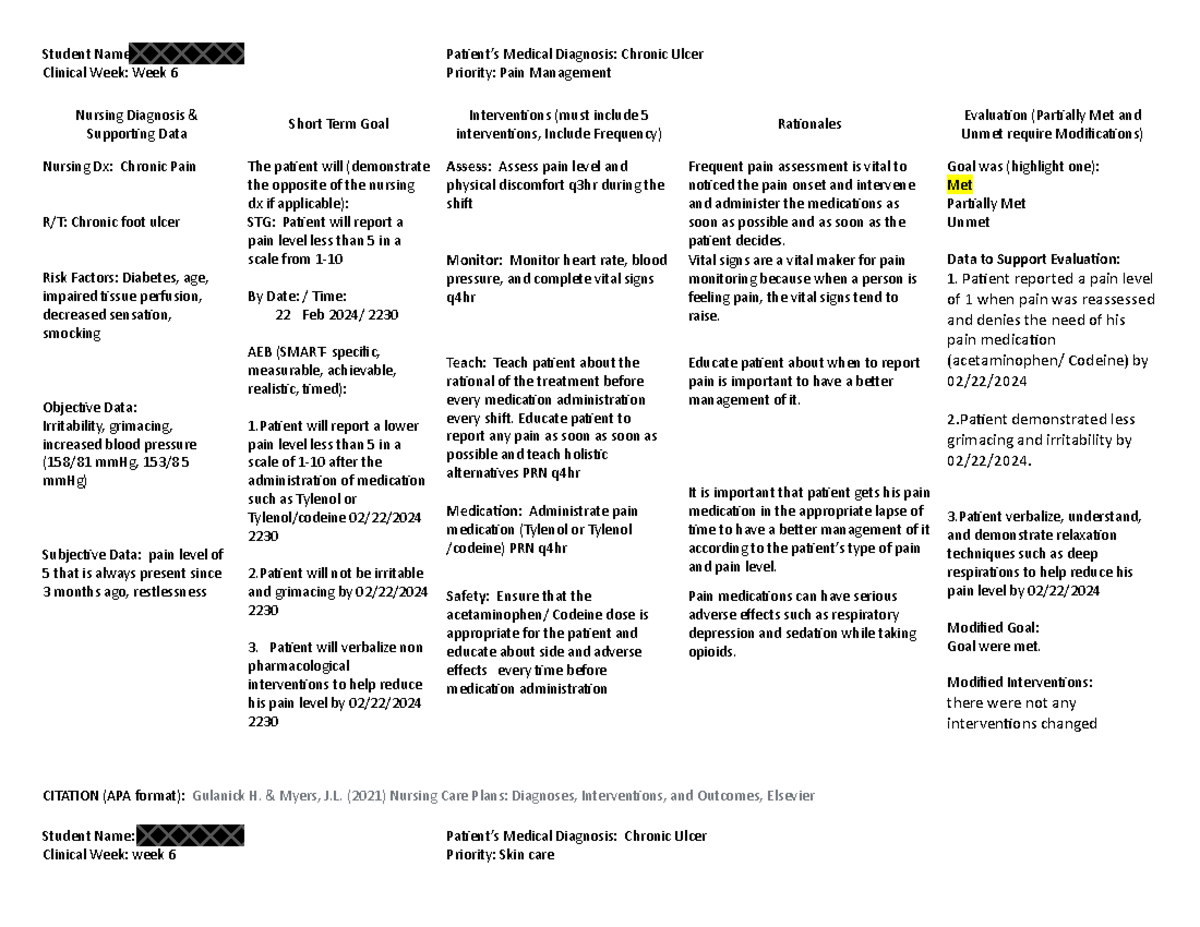 Care+Plan-+Week+6 - l l - Student Name Clinical Week: Week 6 Pa ent’s ...