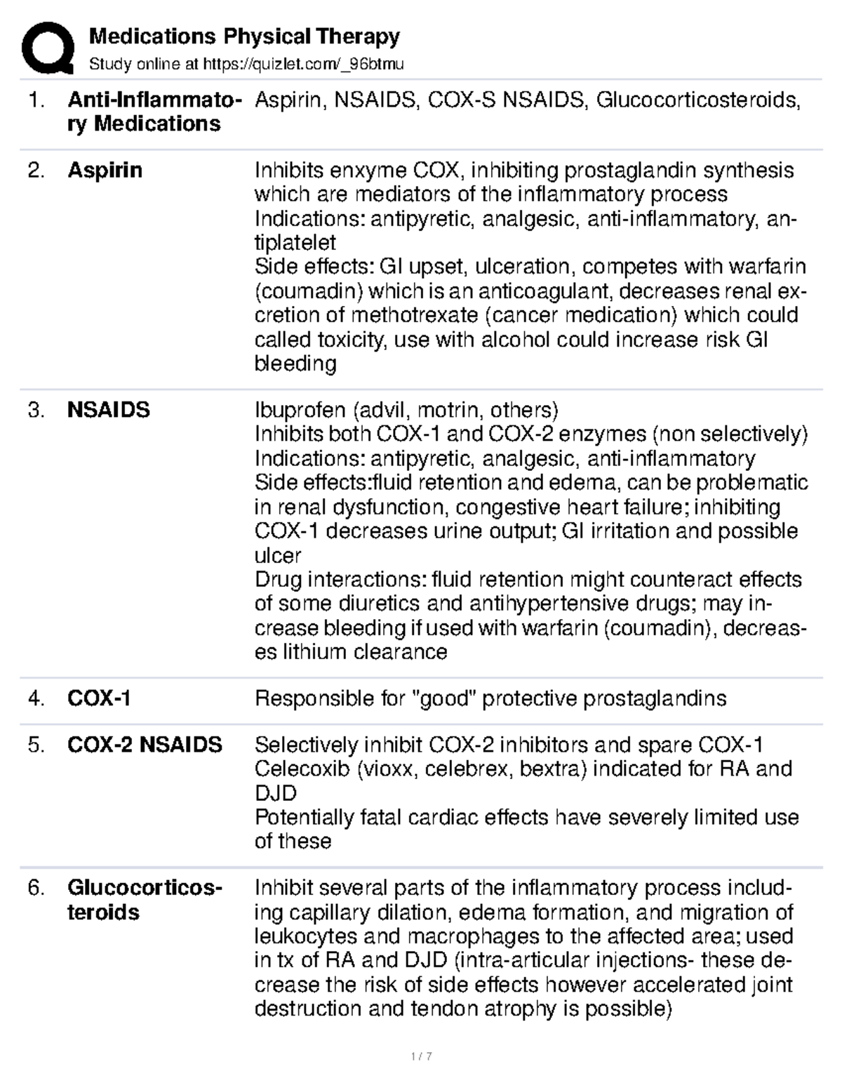 Medications Physical Therapy Study online at quizlet/_96btmu AntiInflammato ry Medications