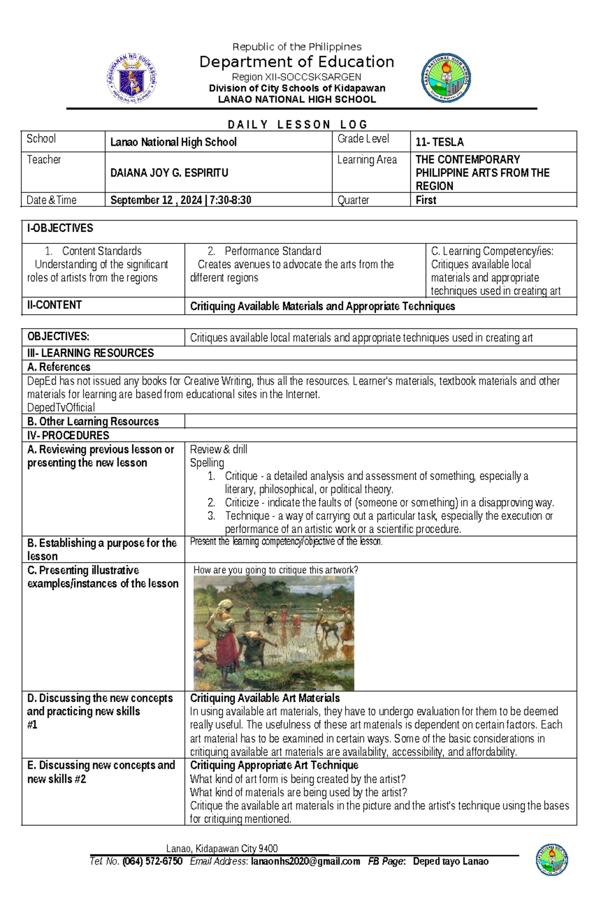 CPAR 09 12 - Daily Lesson Plan - Republic of the Philippines Department ...