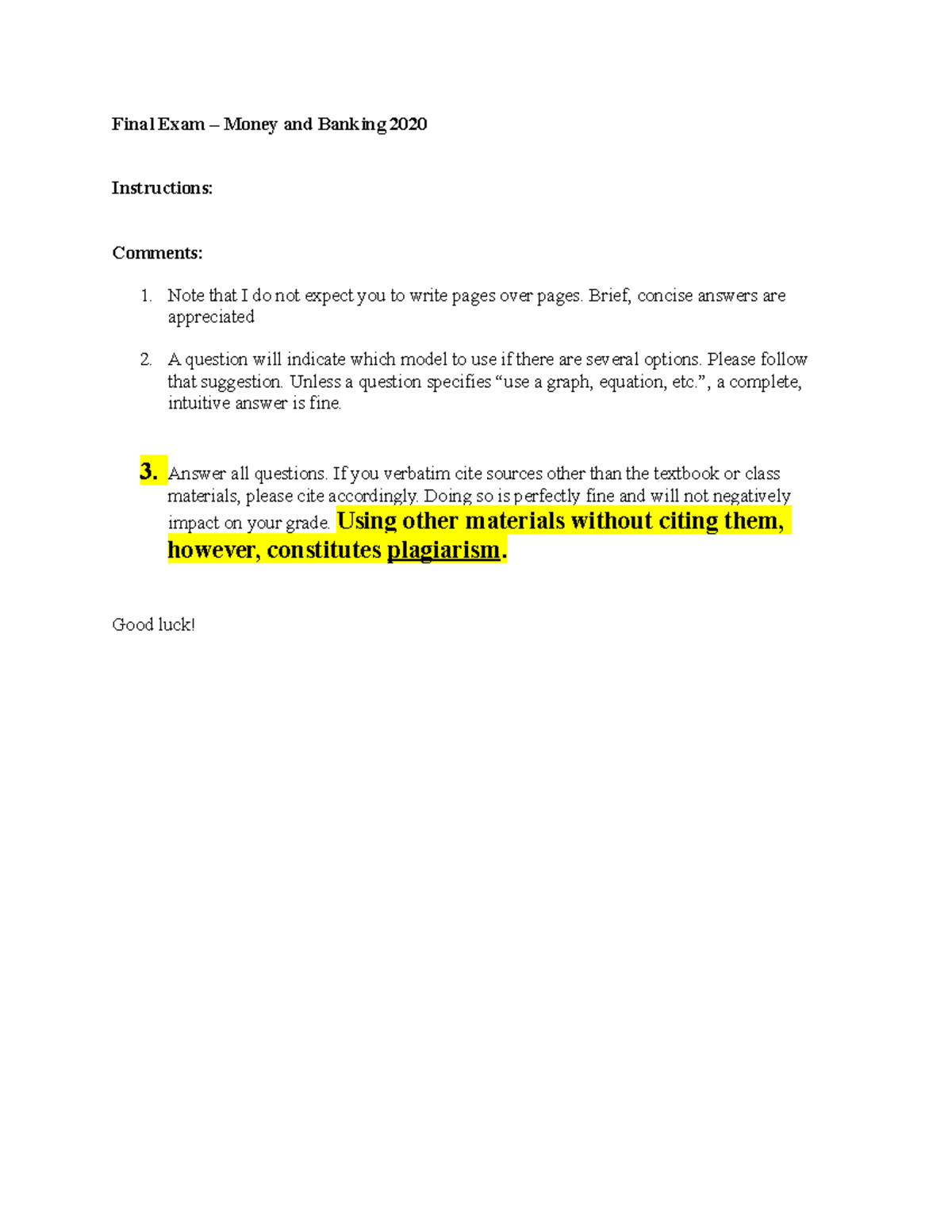 Money and Banking final Final Exam Money and Banking 2020