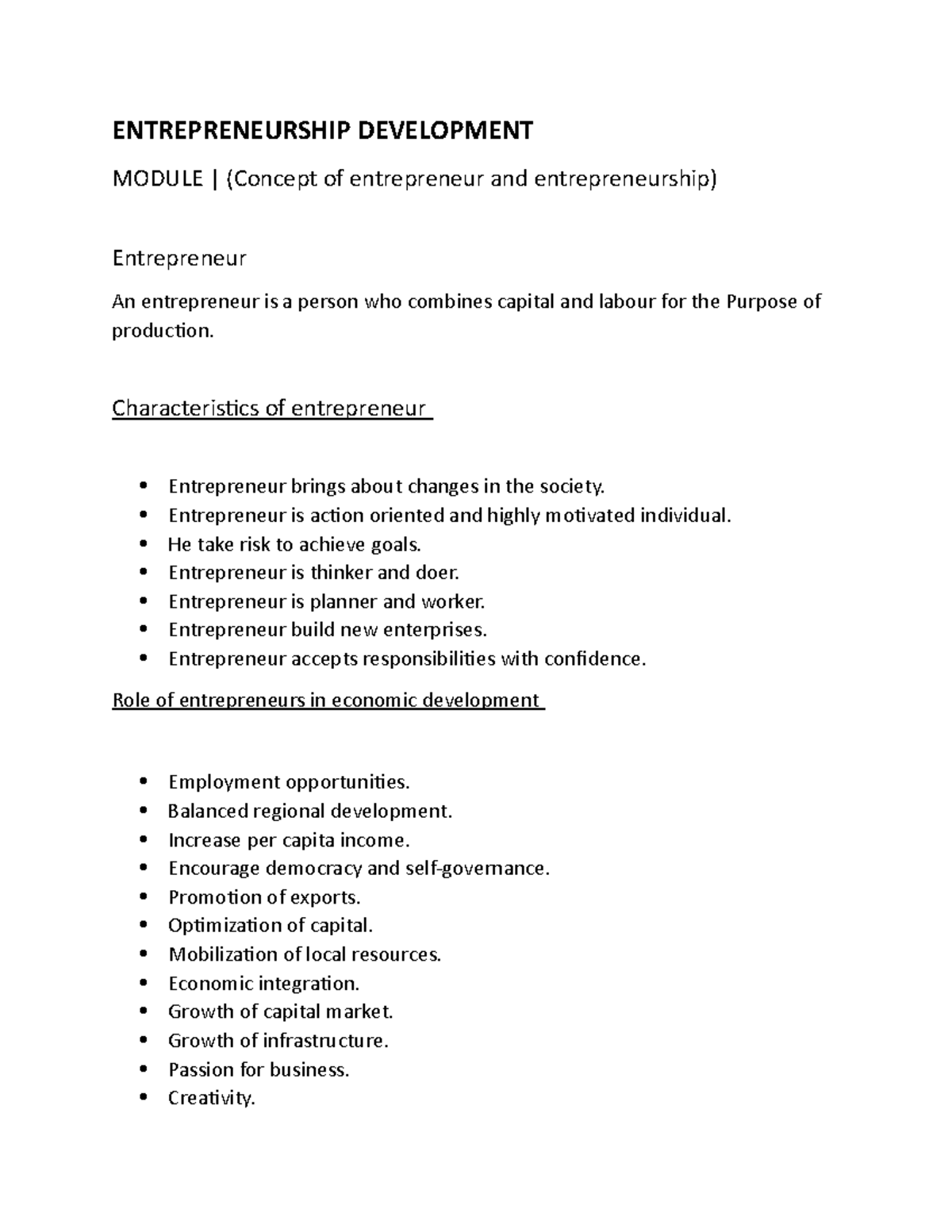 Module 1 entrepreneur Notes ENTREPRENEURSHIP DEVELOPMENT MODULE