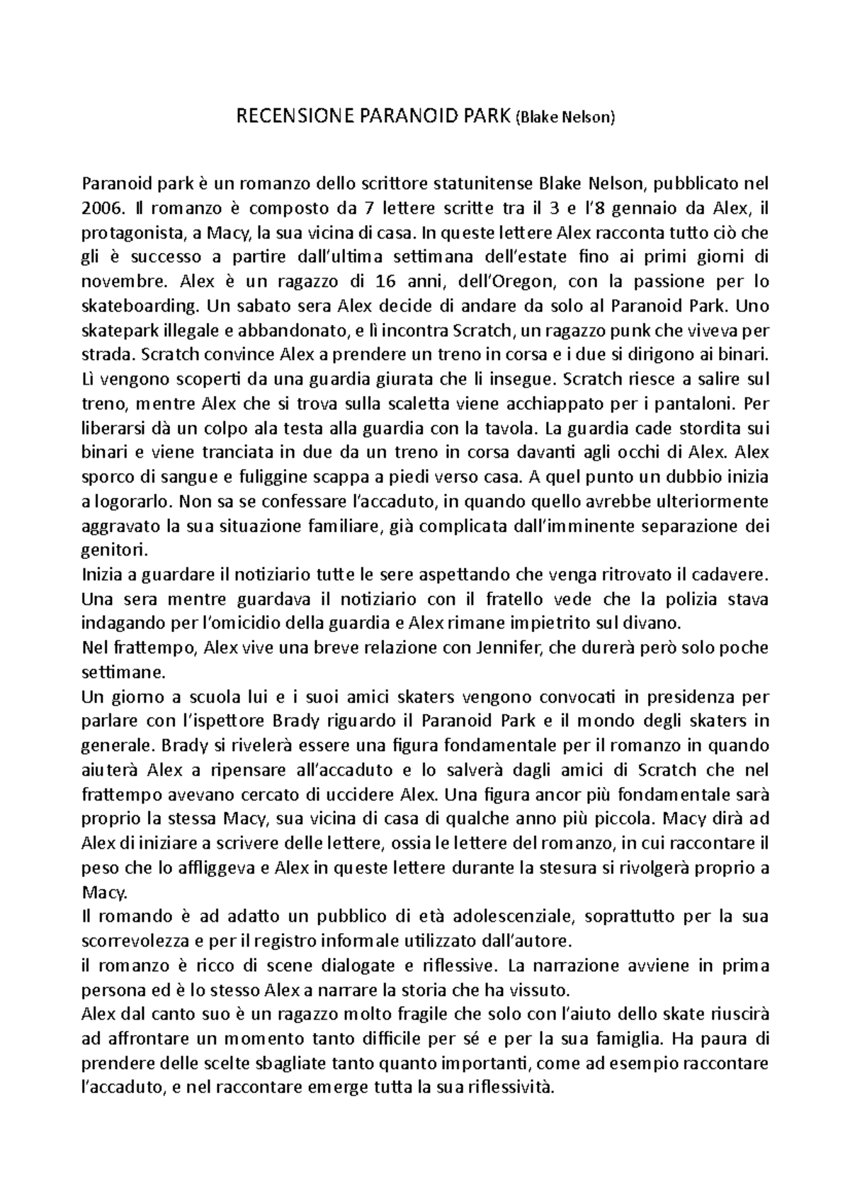 Recensione Paranoid PARK RECENSIONE PARANOID PARK (Blake Nelson