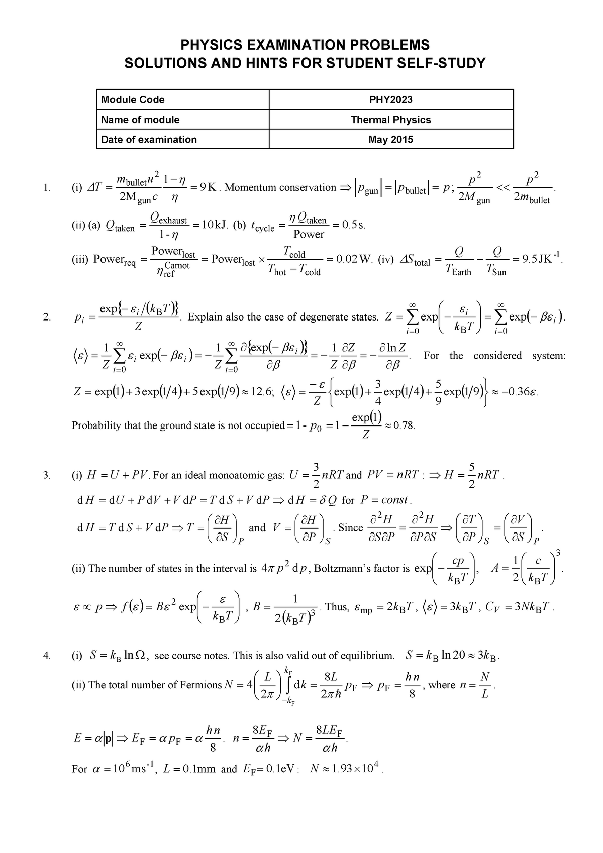 Exam 15 Answers Thermal Physics Studocu