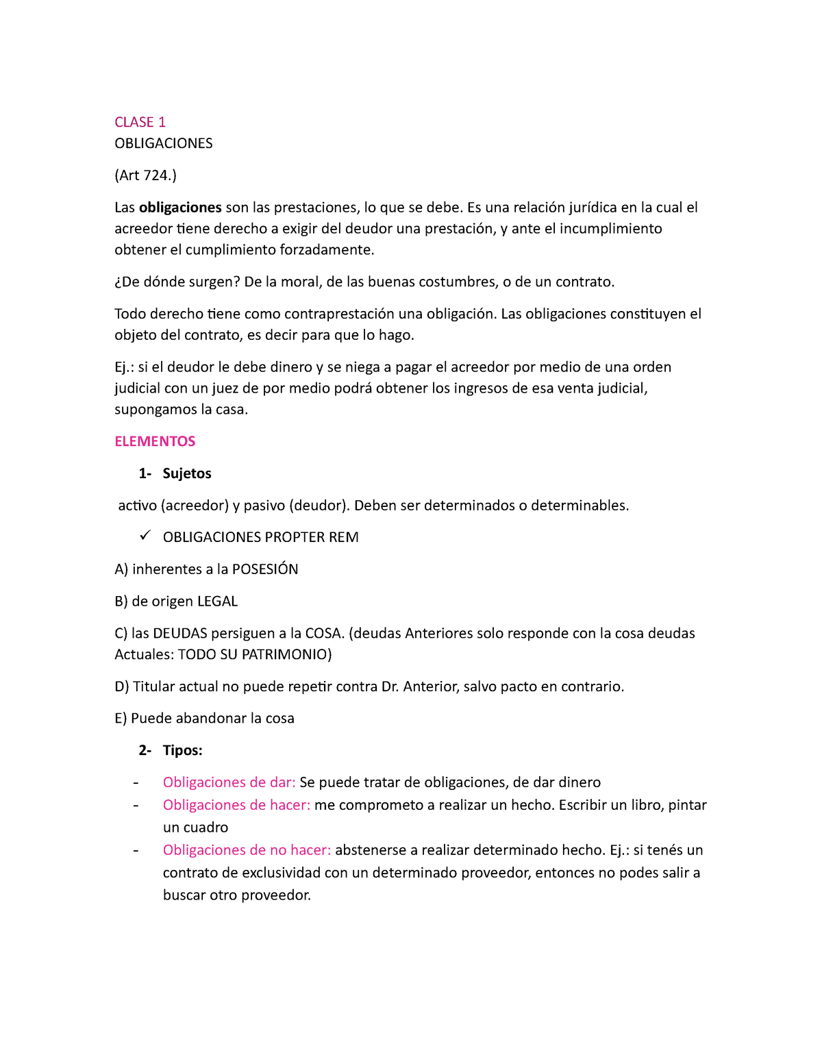 Obligaciones Y Contratos Resuemn - CLASE 1 OBLIGACIONES (Art 724.) Las ...