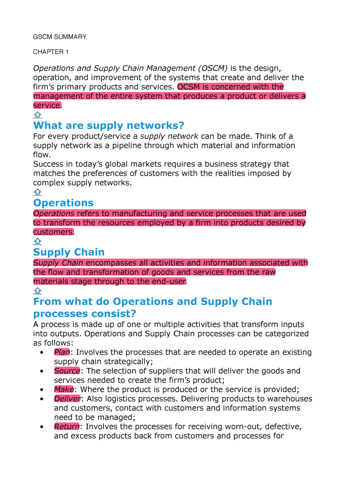 GSCM Summary - sv van vak - GSCM SUMMARY( ( CHAPTER 1 Operations and ...