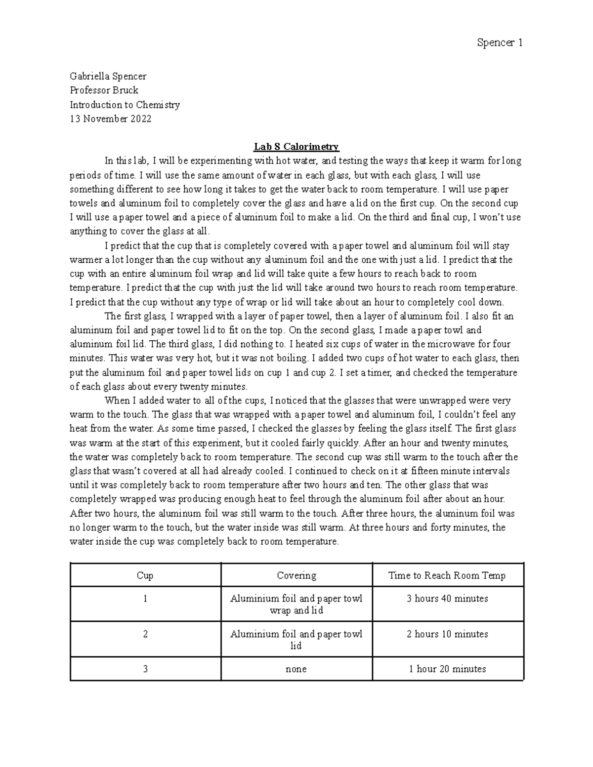 Lab 8 Calorimetry Lab Report Spencer 1 Gabriella Spencer Professor