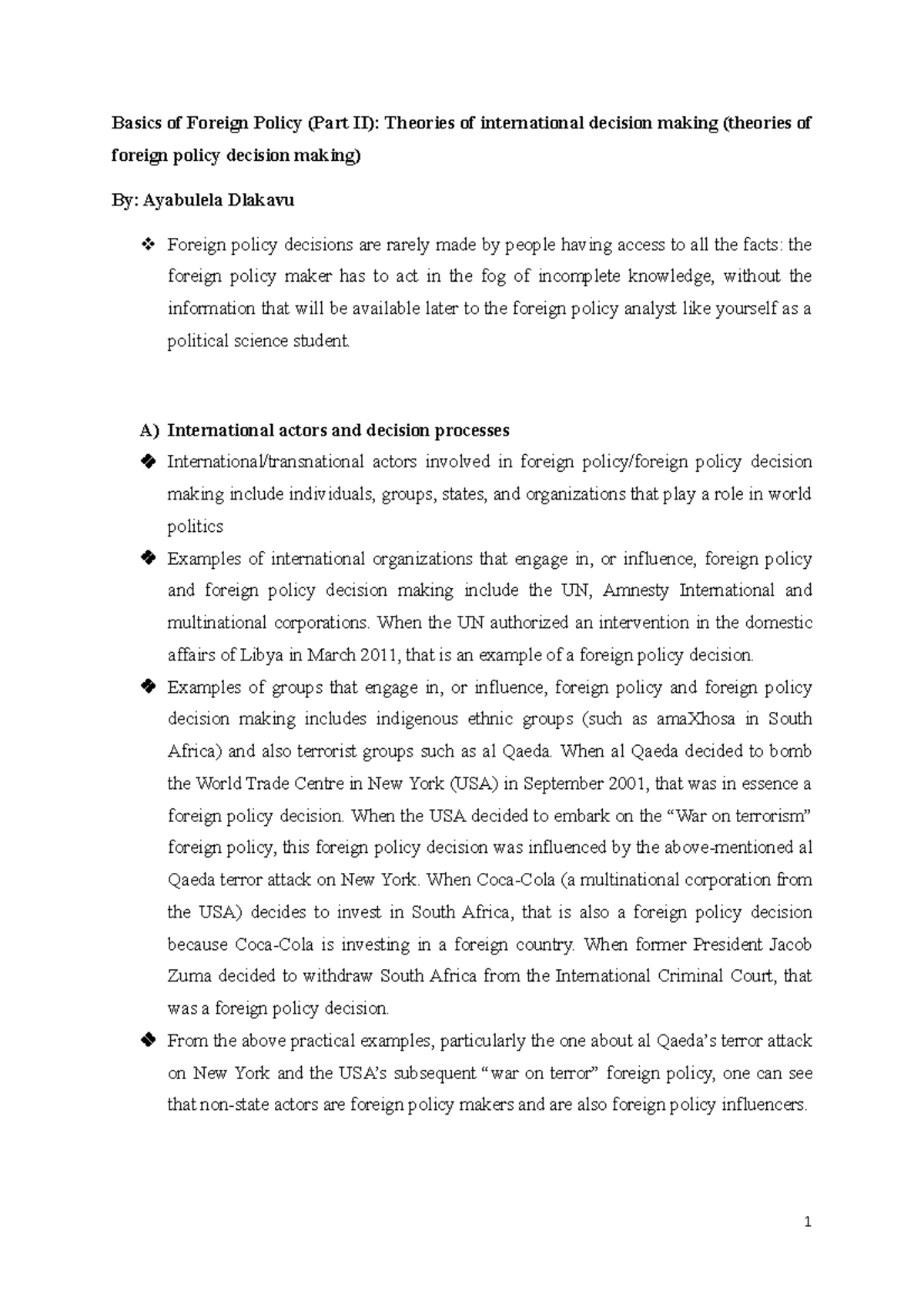 Politics 2A Basics of Foreign Policy II - Basics of Foreign Policy ...