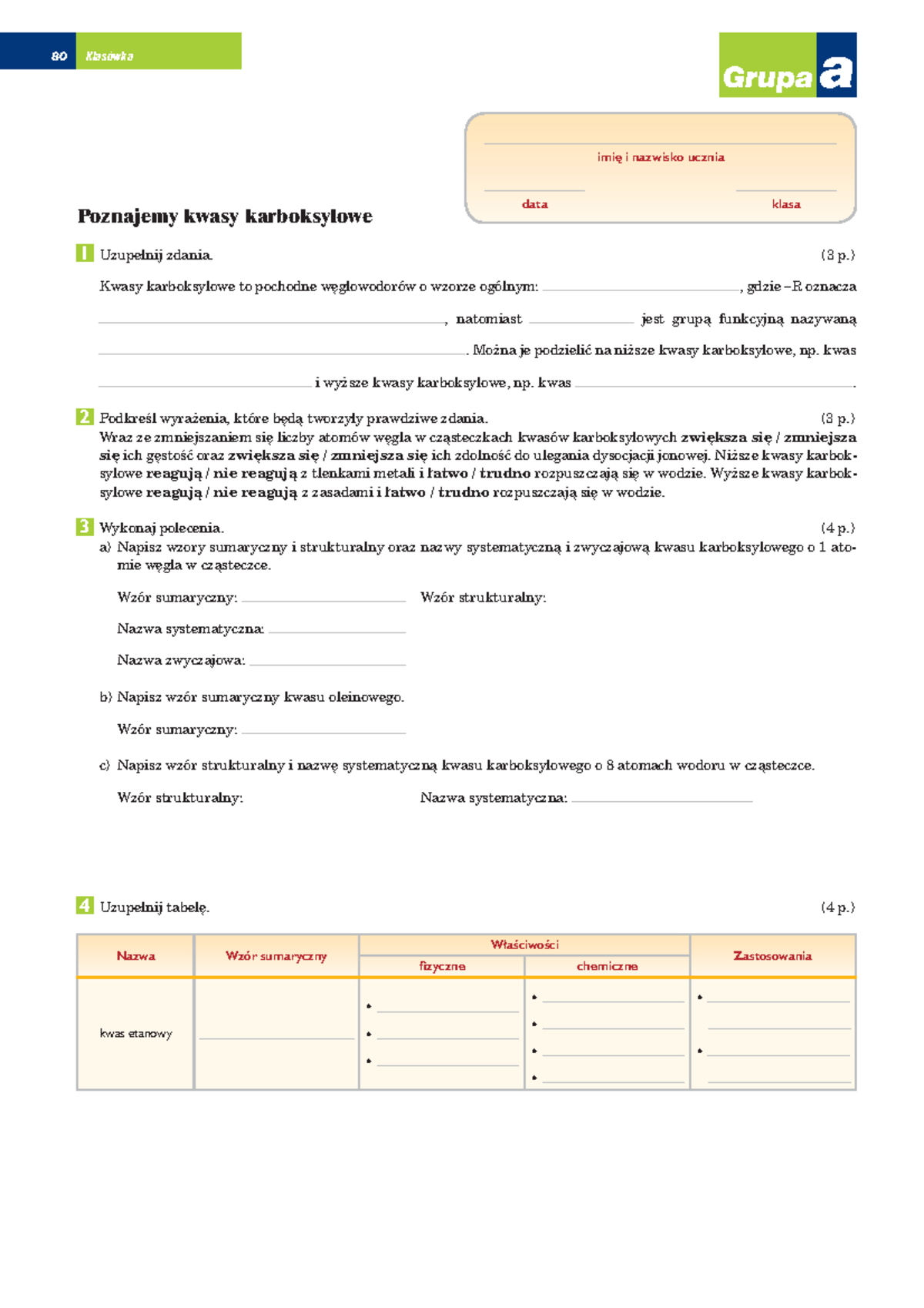 Kwasy Karboksylowe Sprawdzian Klasa 3