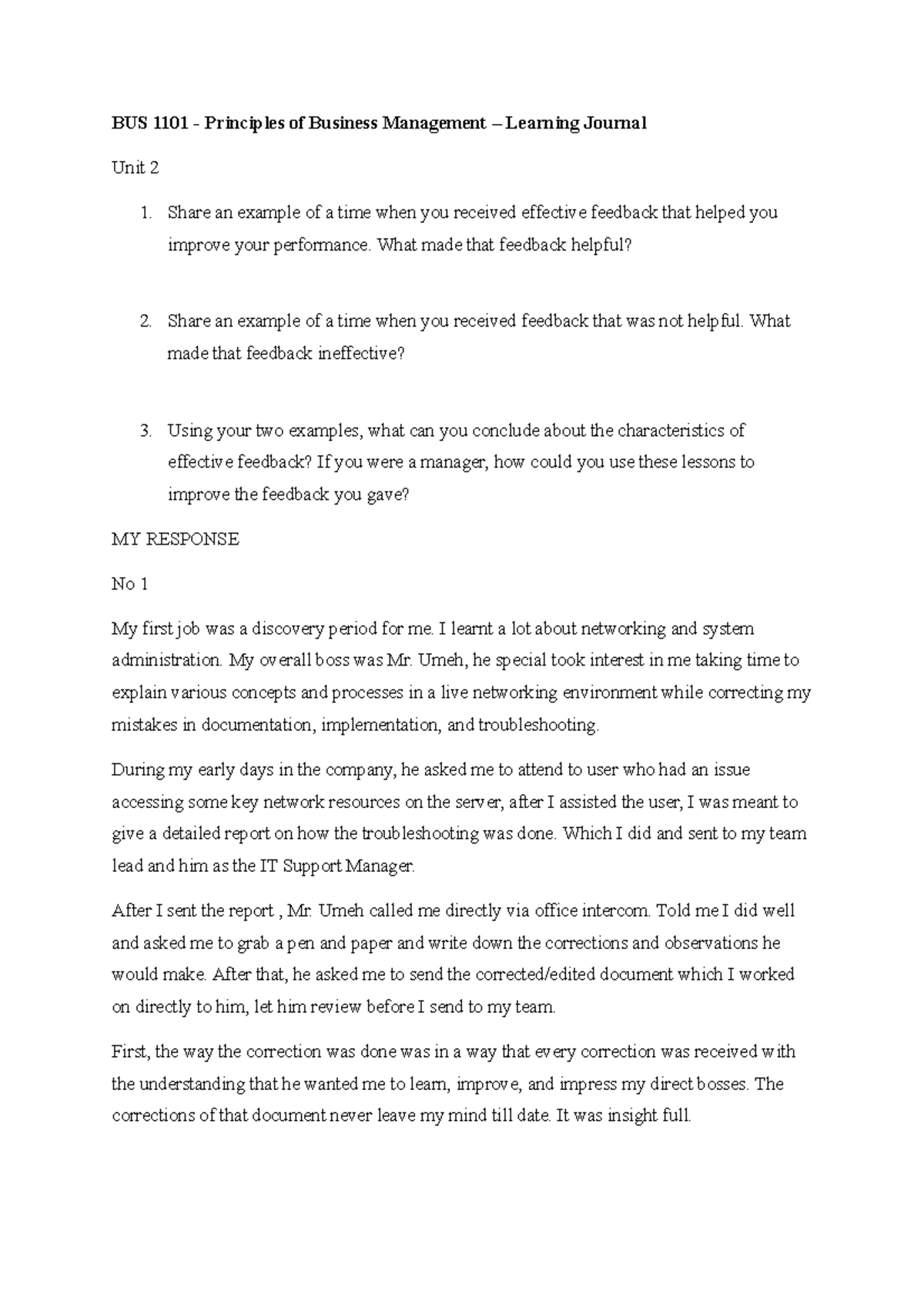 BUS 1101 - Principles of Business Management - Learning Journal Unit 2 ...