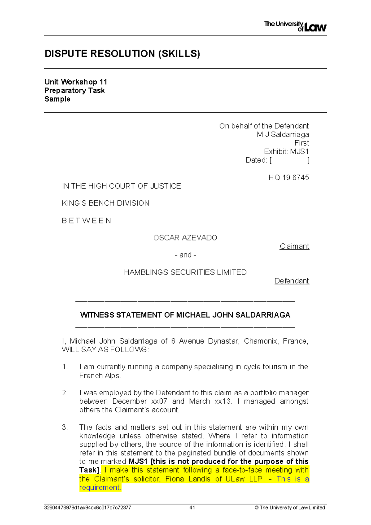 Witness statement exemplar - DISPUTE RESOLUTION (SKILLS) Unit Workshop ...