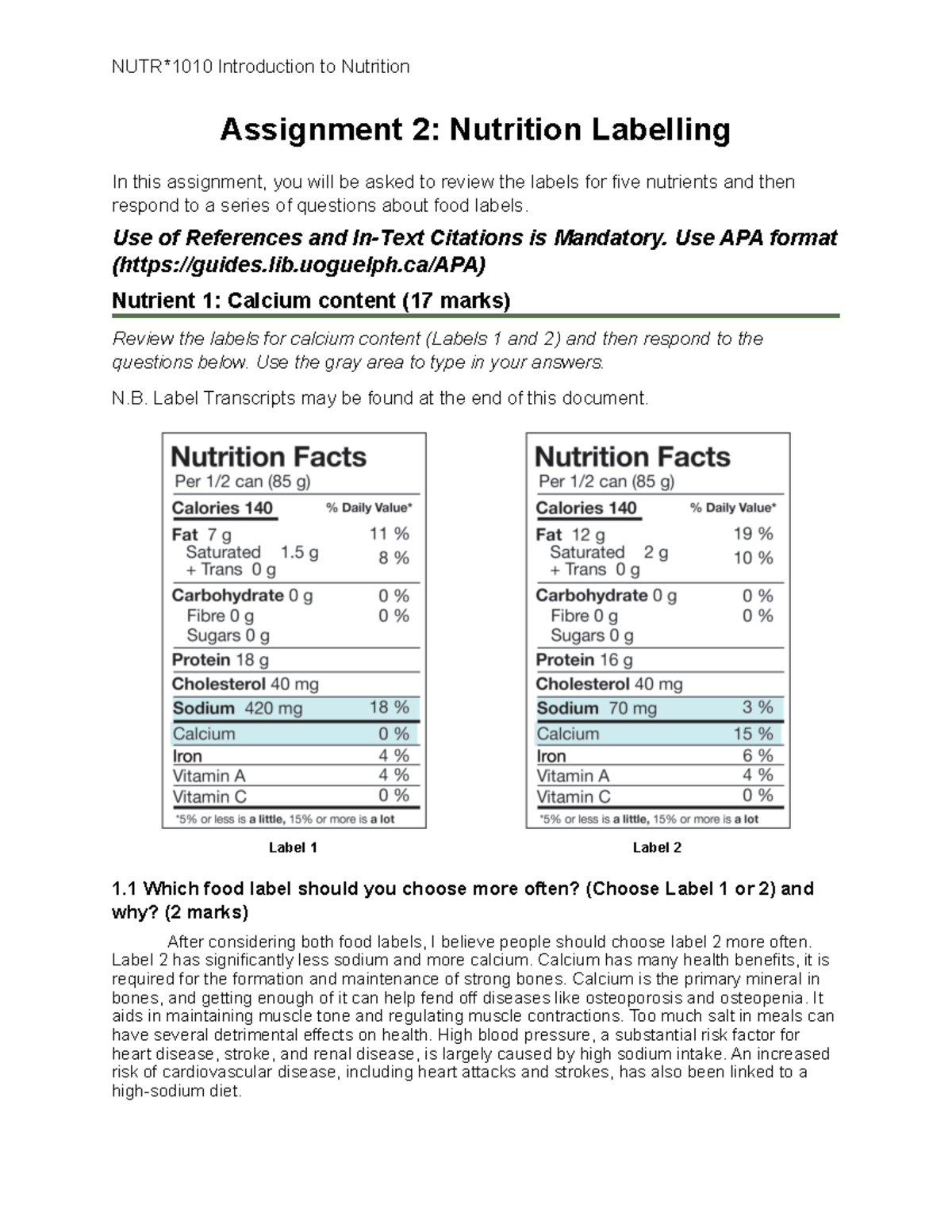 assignment 2 nutrition labelling