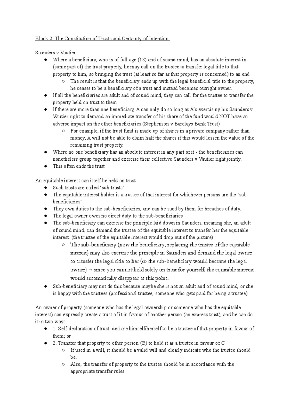 Block 2 The Constitution of Trusts & Certainty of Intention - Block 2 ...