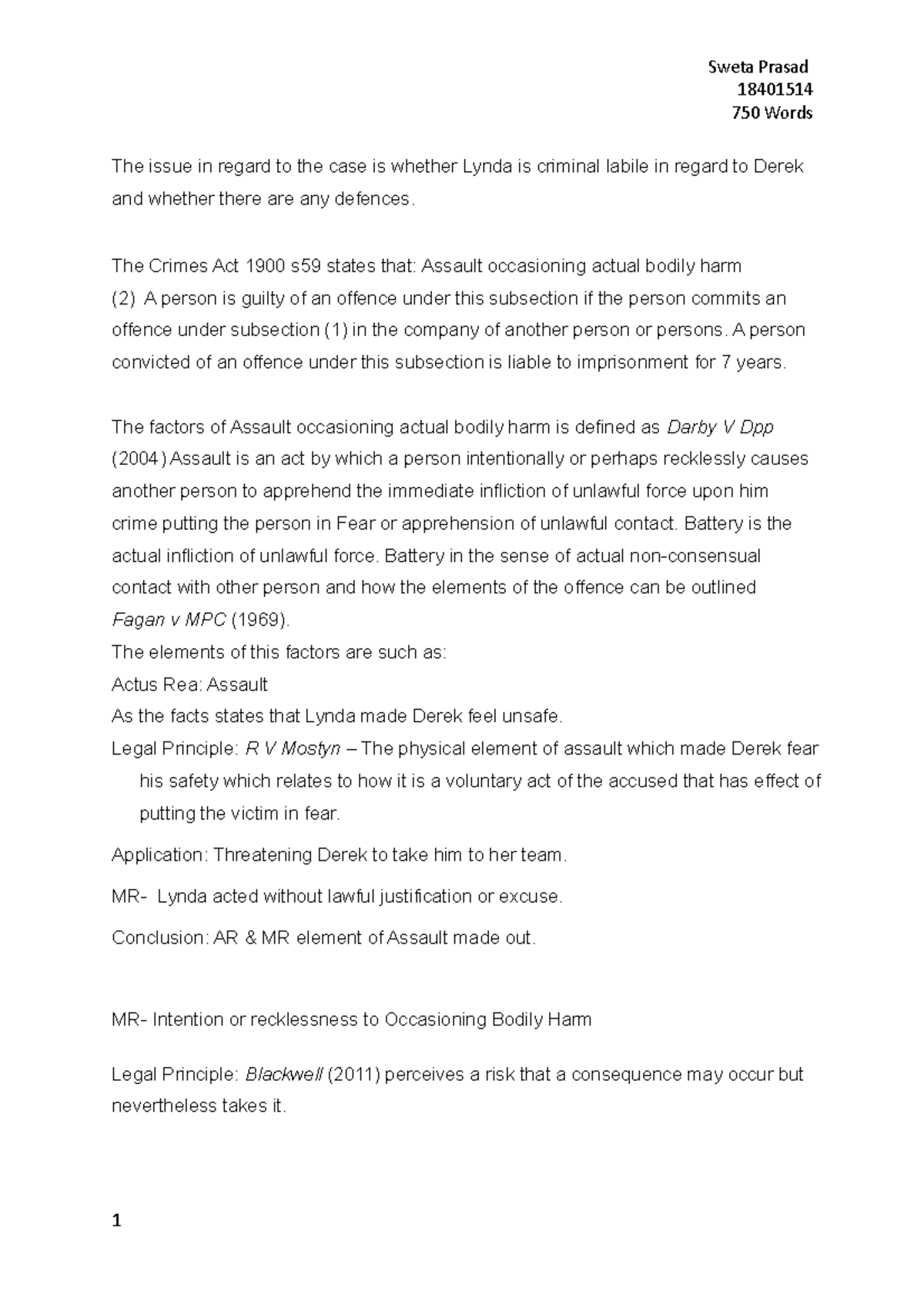 2000 10 Criminal LAW - Problem Question - Sweta Prasad 18401514 750 ...