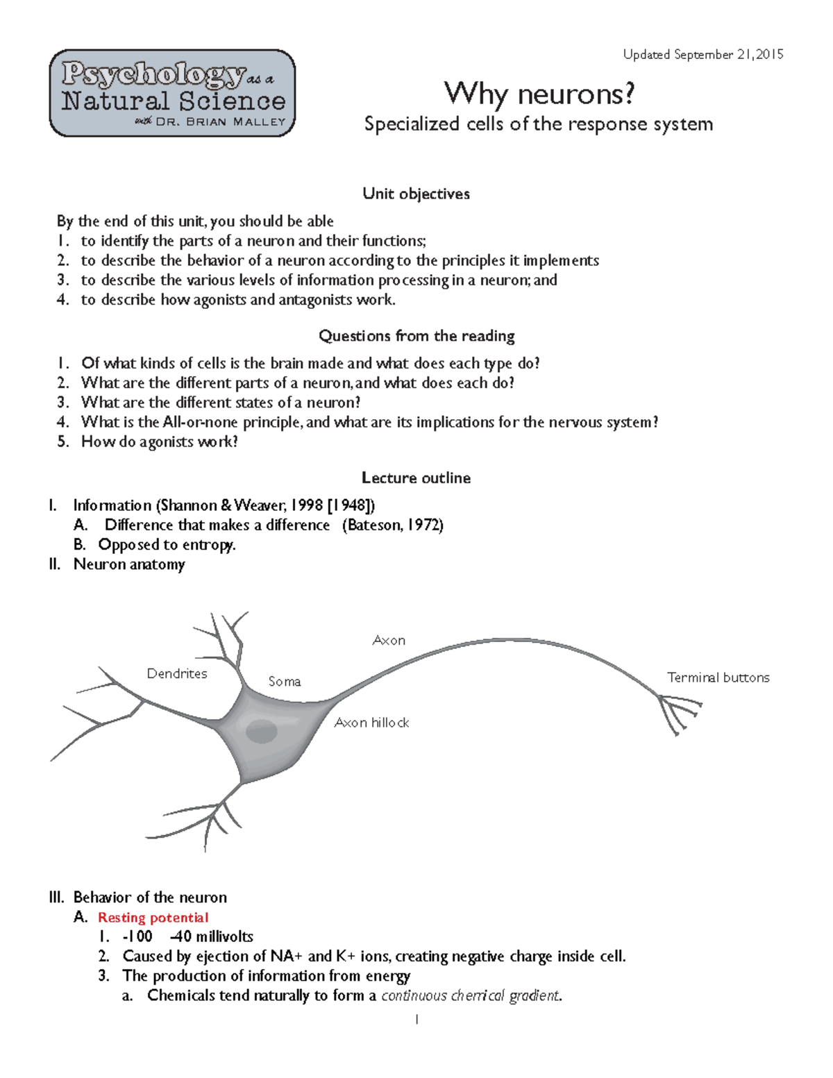 04-Neurons - Lecture notes 4 - 1 Natural Science withDr. Brian Malley ...